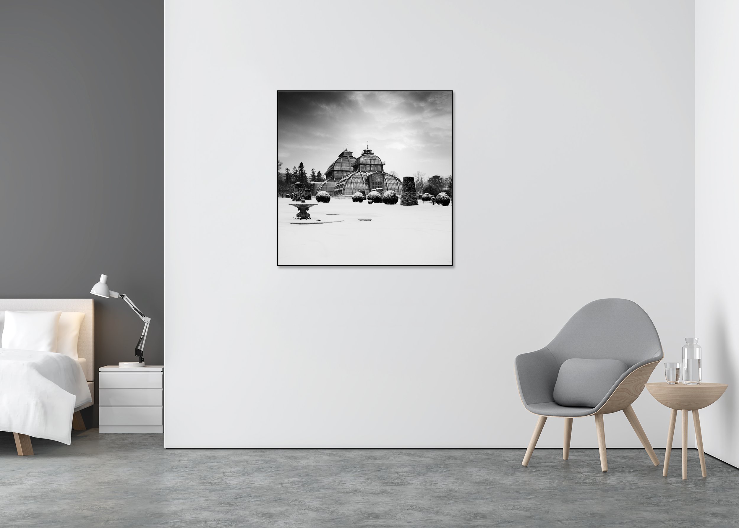 Wall view of the Palm House Schönbrunn black-and-white print mounted on Dibond in an aluminium ArtBox frame