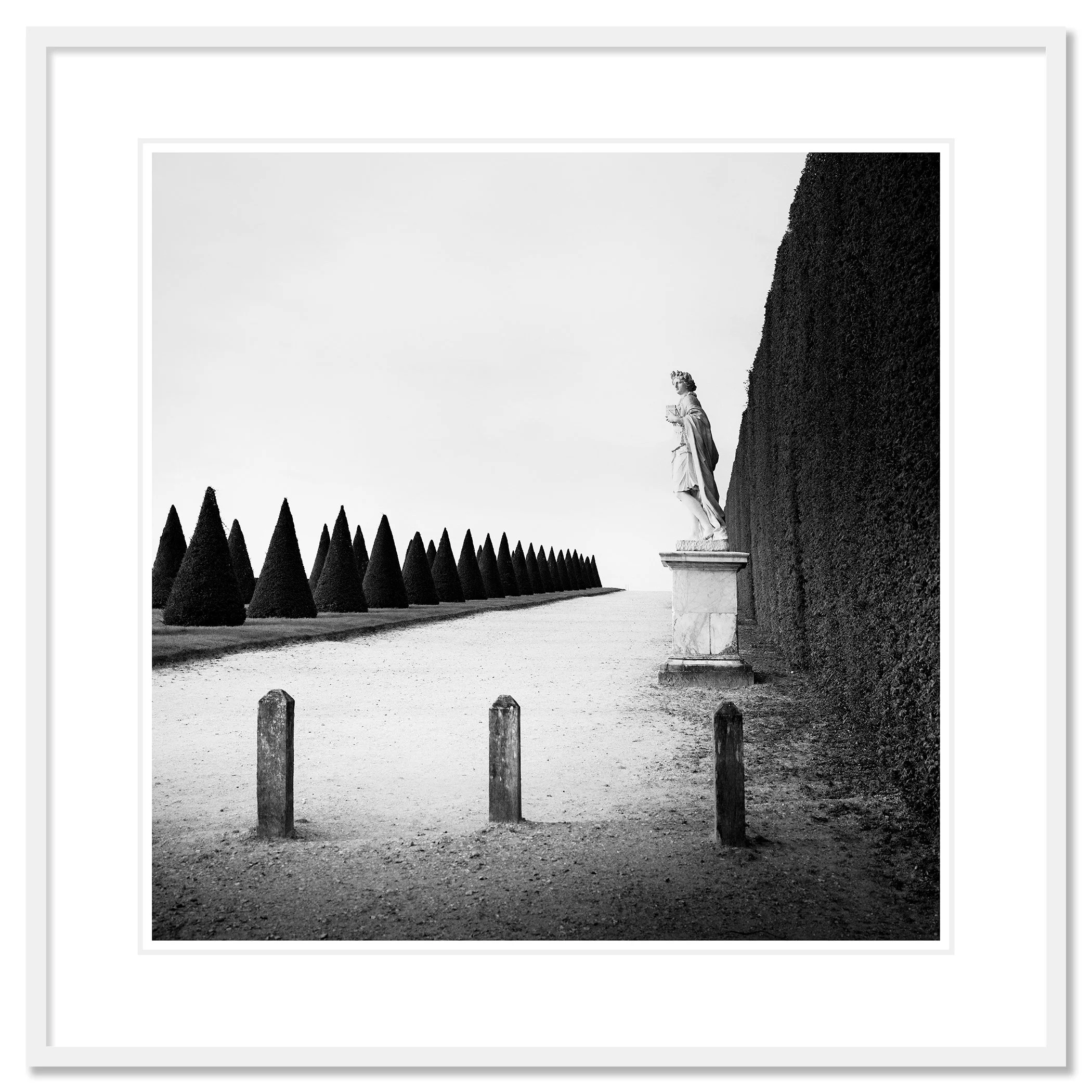 © 2017 Gerald Berghammer - Black and white landscape photography. Statue of a person along a tall hedge, with a row of trimmed cone-shaped trees. Classic framed white