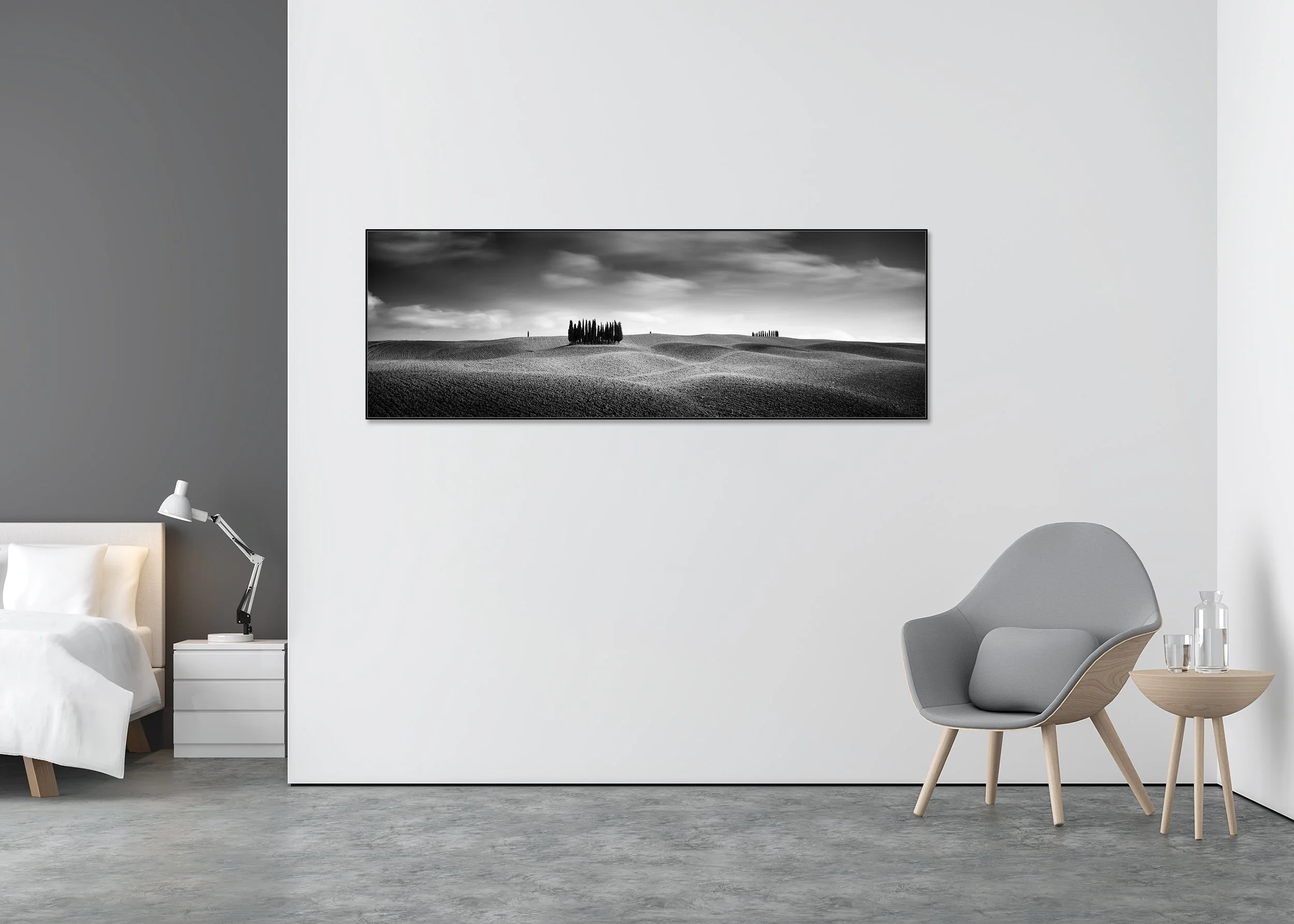 Cypress Hill Panorama Study 2 – Tuscany, Italy, black-and-white fine art photo print mounted to Dibond in an aluminium ArtBox