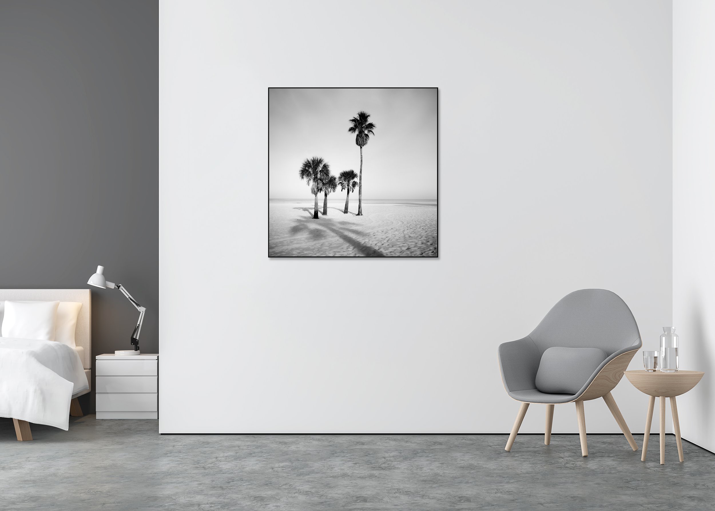 Palm Beach Study 6 displayed in a modern interior, mounted on aluminium Dibond in a black ArtBox frame by Gerald Berghammer.