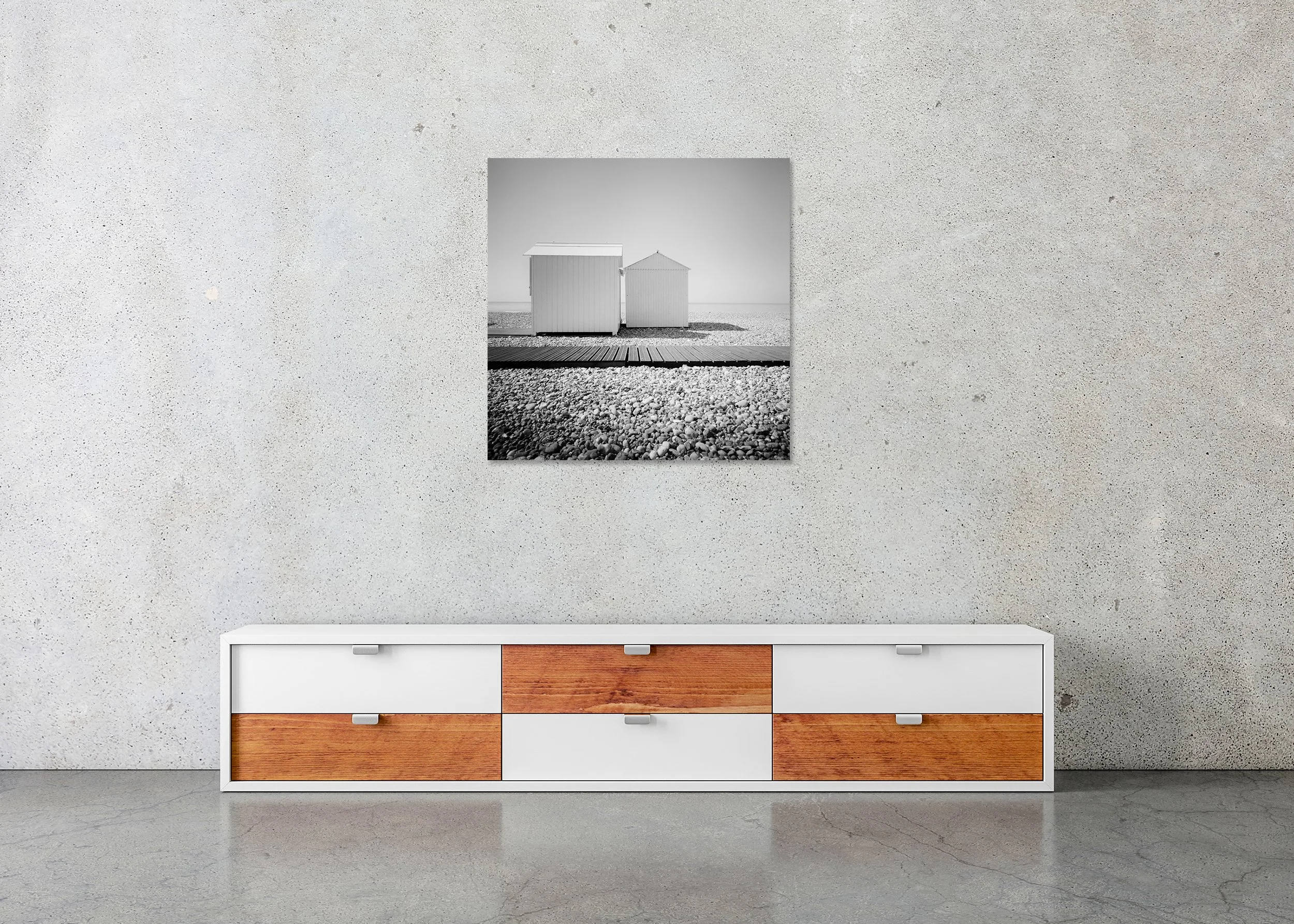 Beach Huts Study 10 – France, black-and-white photo print mounted to Dibond, frameless