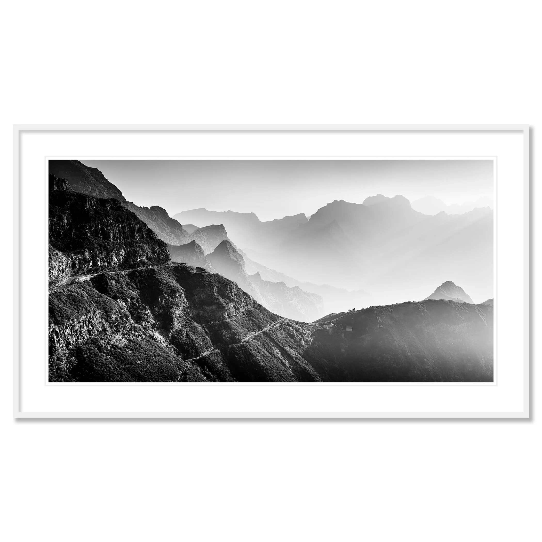 Morning Light in the Mountains Study 3 by Gerald Berghammer in a white aluminium frame with a white mount.