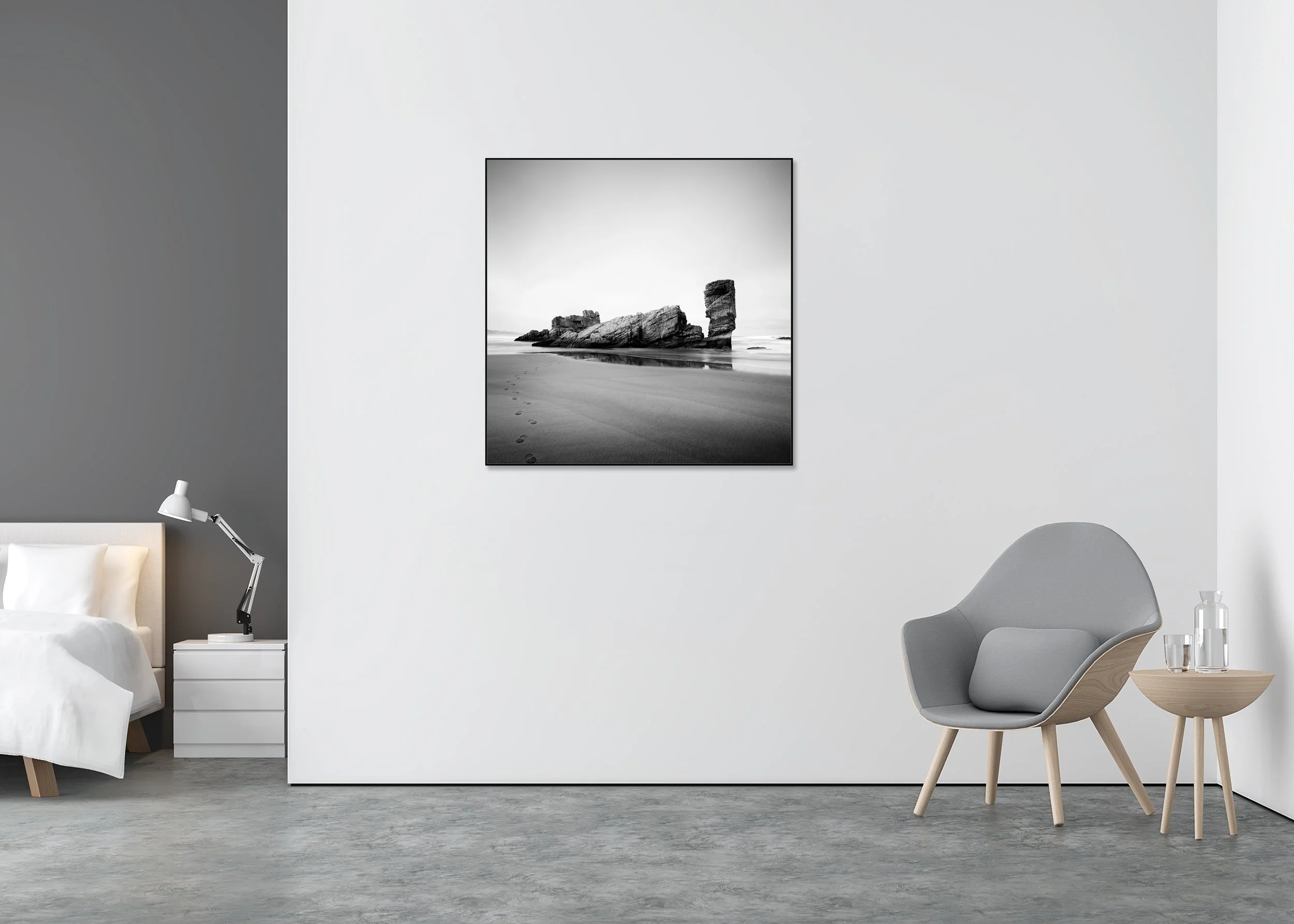 Bay of Biscay Study 4 displayed in a modern interior, mounted on aluminium Dibond in a black ArtBox frame by Gerald Berghammer.