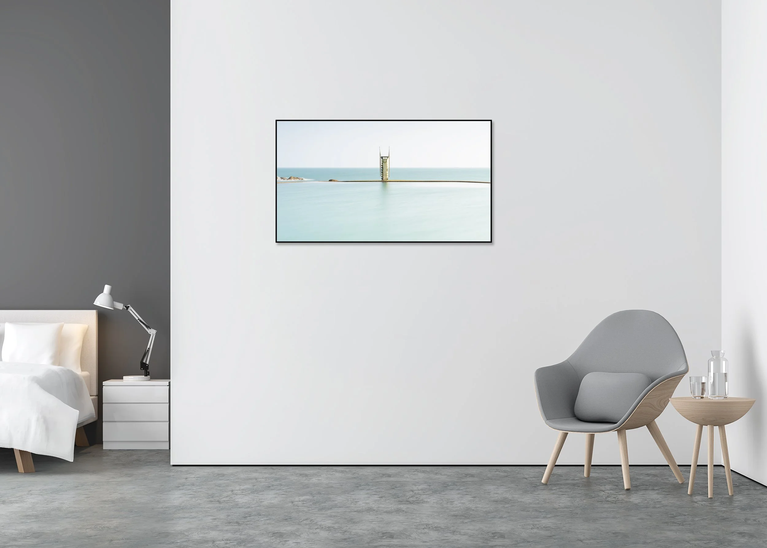 Diving Platform Panorama Study 2 displayed in a modern interior as a colour Dibond print in a black aluminium ArtBox frame by Gerald Berghammer.