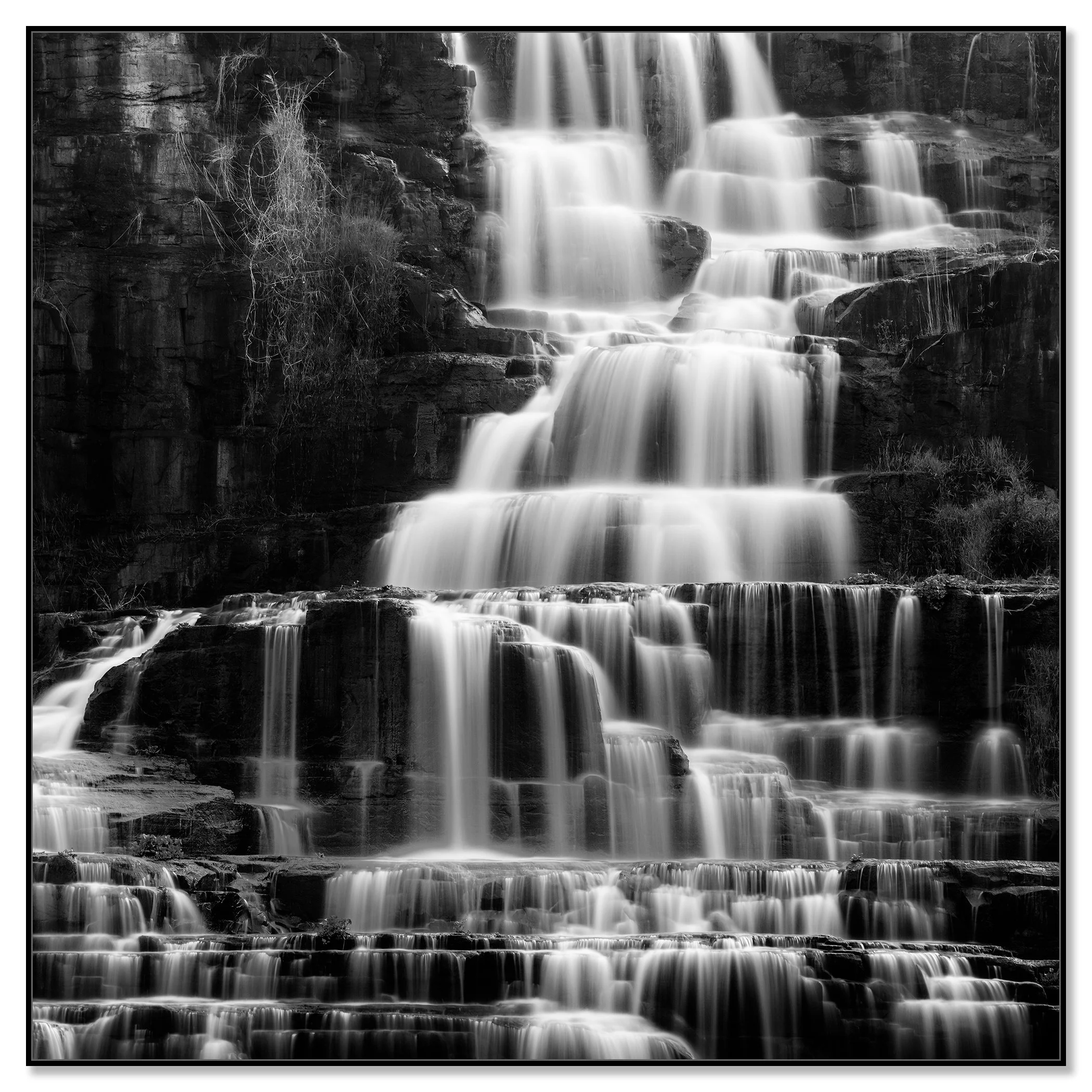 Pongour Waterfall, Study 1 – Vietnam, black-and-white photo print in a black aluminium ArtBox frame.