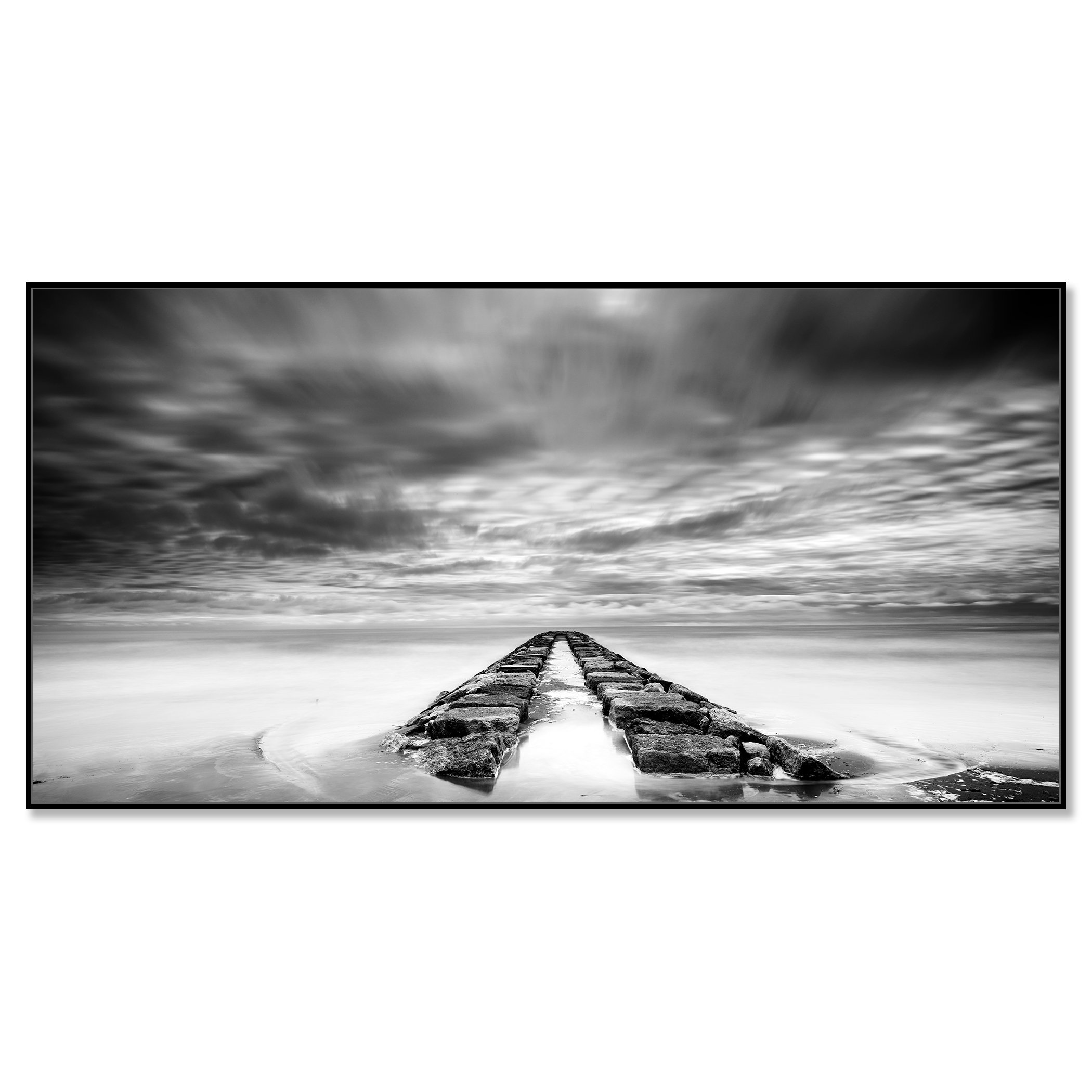 Rock Pier, Panorama Study 1 – Italy, black-and-white photograph in a black aluminium ArtBox frame.