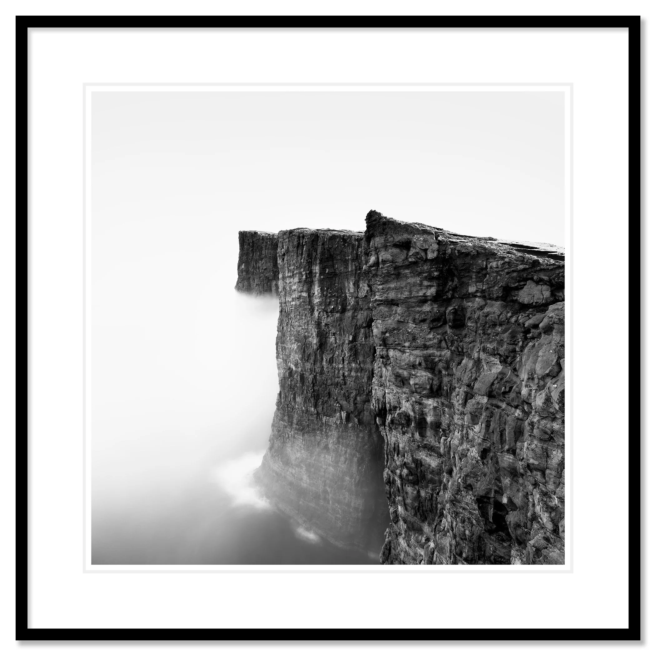 Foggy Slave Cliff Study 3 by Gerald Berghammer, black-and-white fine art print in a black aluminium frame with white mount.