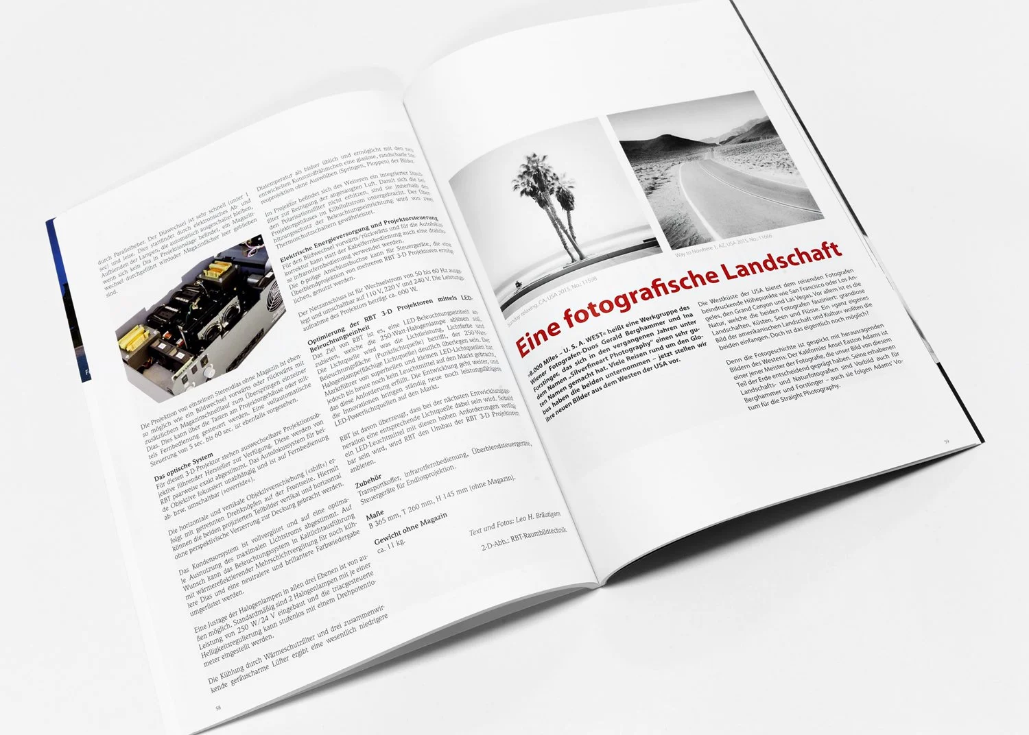 PhotoKlassik 2016 magazine feature showing analogue black-and-white landscape photographs by Gerald Berghammer, including palm trees and a winding road.