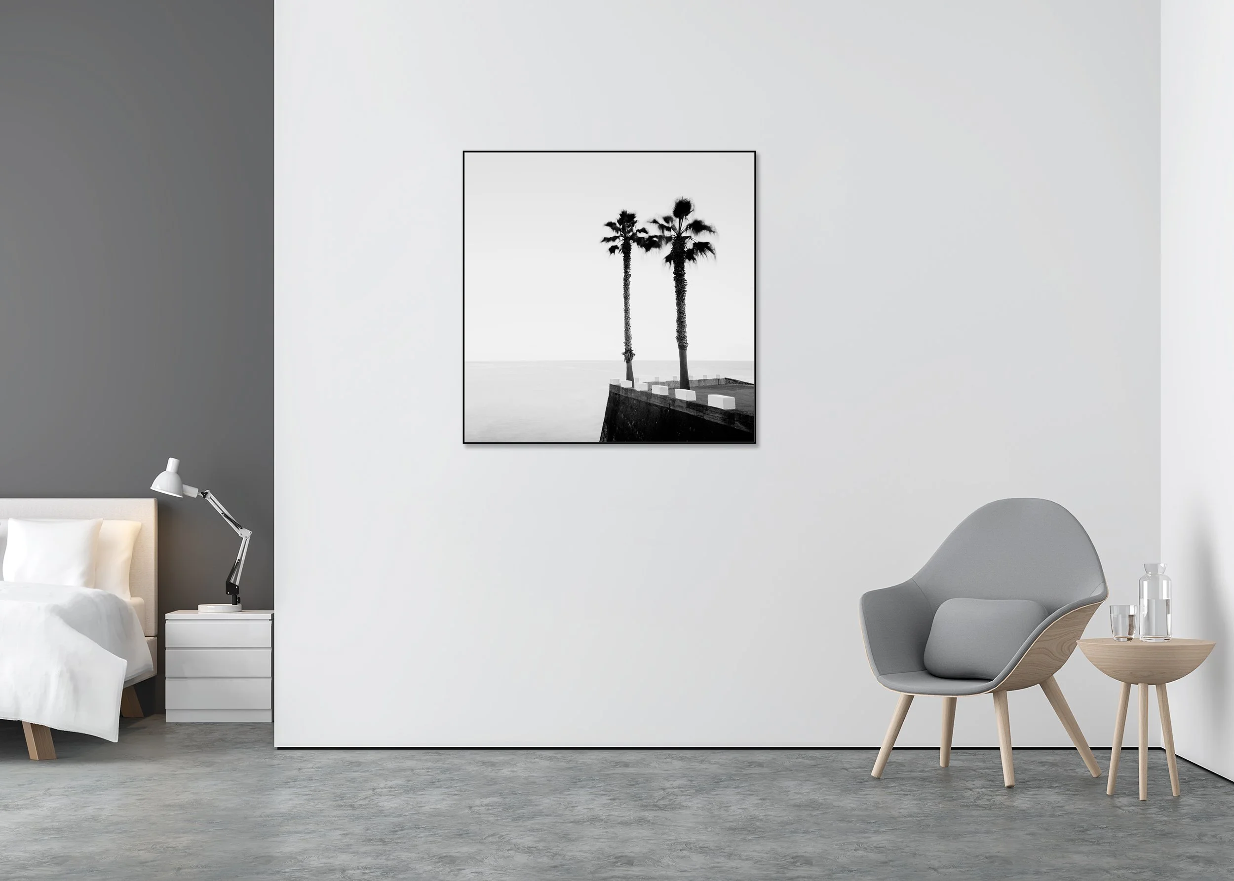 Black and white coastal photo print of two tall palm trees by still water and clear sky, mounted to Dibond in an aluminium ArtBox