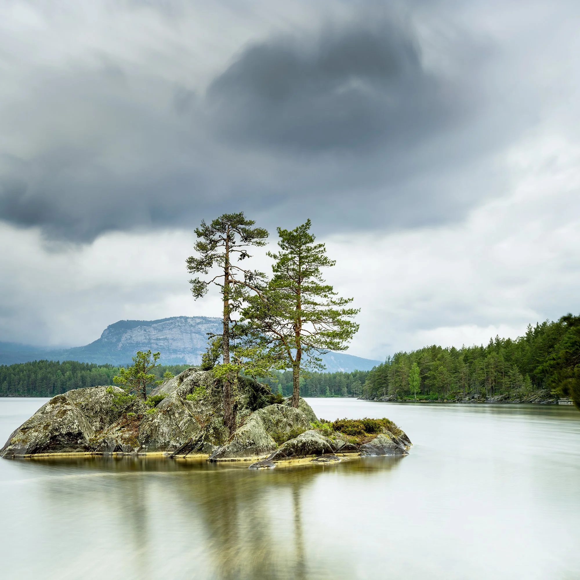 Gerald Berghammer - Color Photography. A small rocky island with tall pine trees surrounded by a calm lake under a cloudy sky and mountains behind. Print detail 2