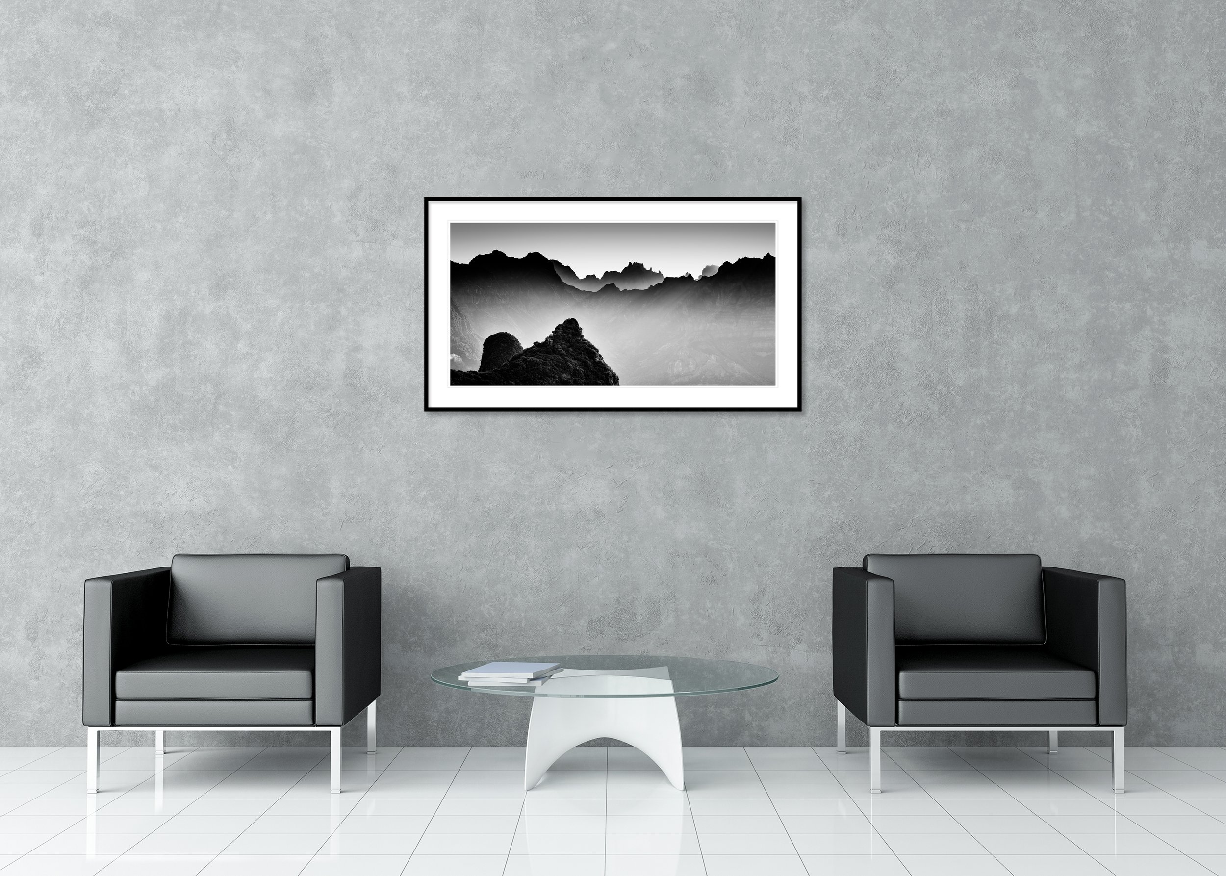 Morning Light in the Mountains, Study 3 – Portugal, black-and-white archival pigment print in a black aluminium frame with a white mount.