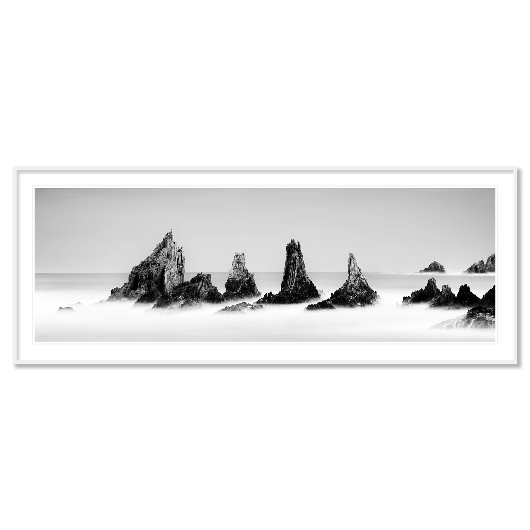 Rocky Peaks, Panorama Study 3 – black-and-white fine art print in a white aluminium frame with a white mount by Gerald Berghammer.