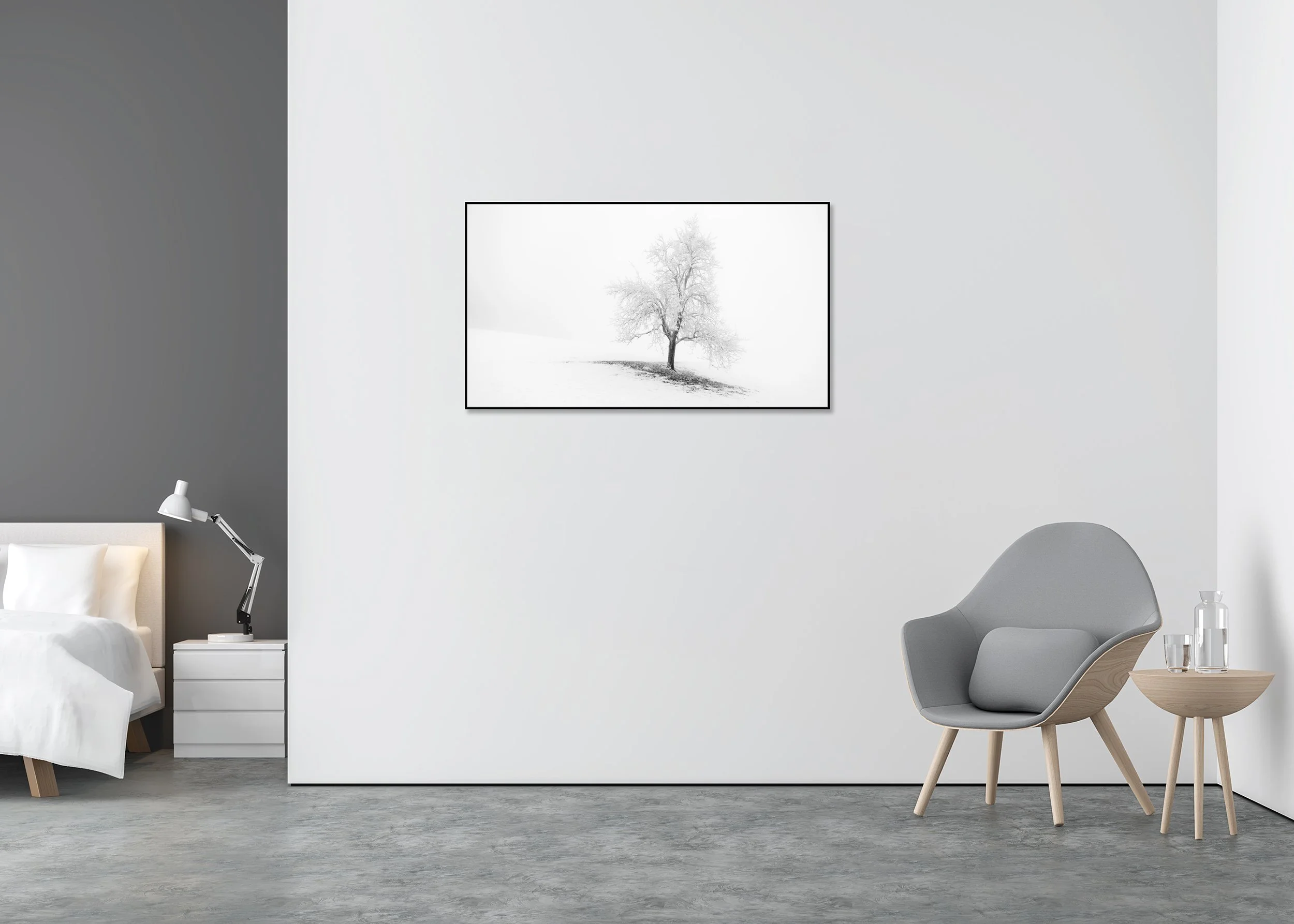 Frosted Winter Tree Panorama displayed in a modern interior, mounted on aluminium Dibond in a black ArtBox frame by Gerald Berghammer.