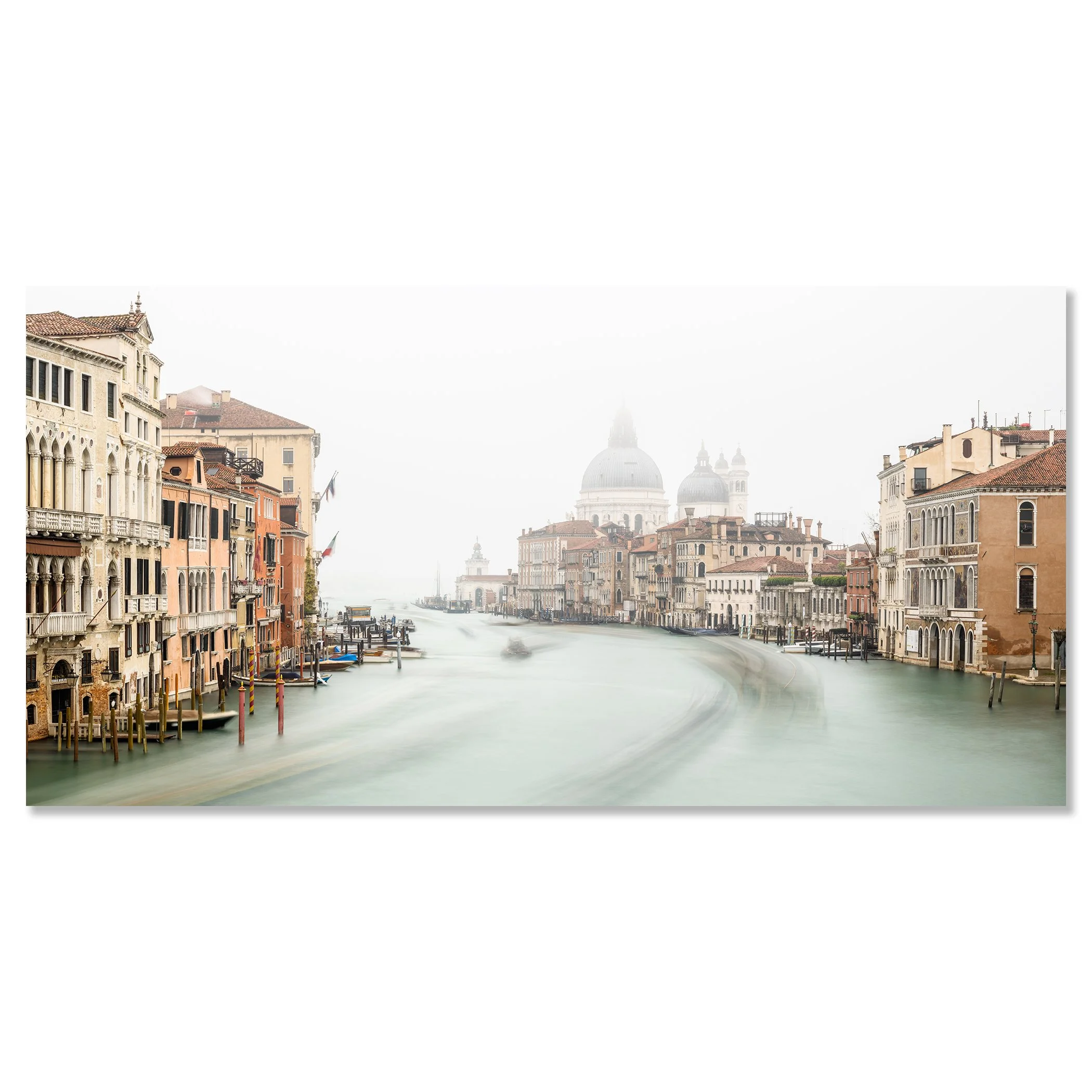 © 2025 Gerald Berghammer - Color cityscape photo. Foggy grand canal with historic buildings on both sides and the domed Basilica di Santa Maria della Salute. Chromaluxe frameless