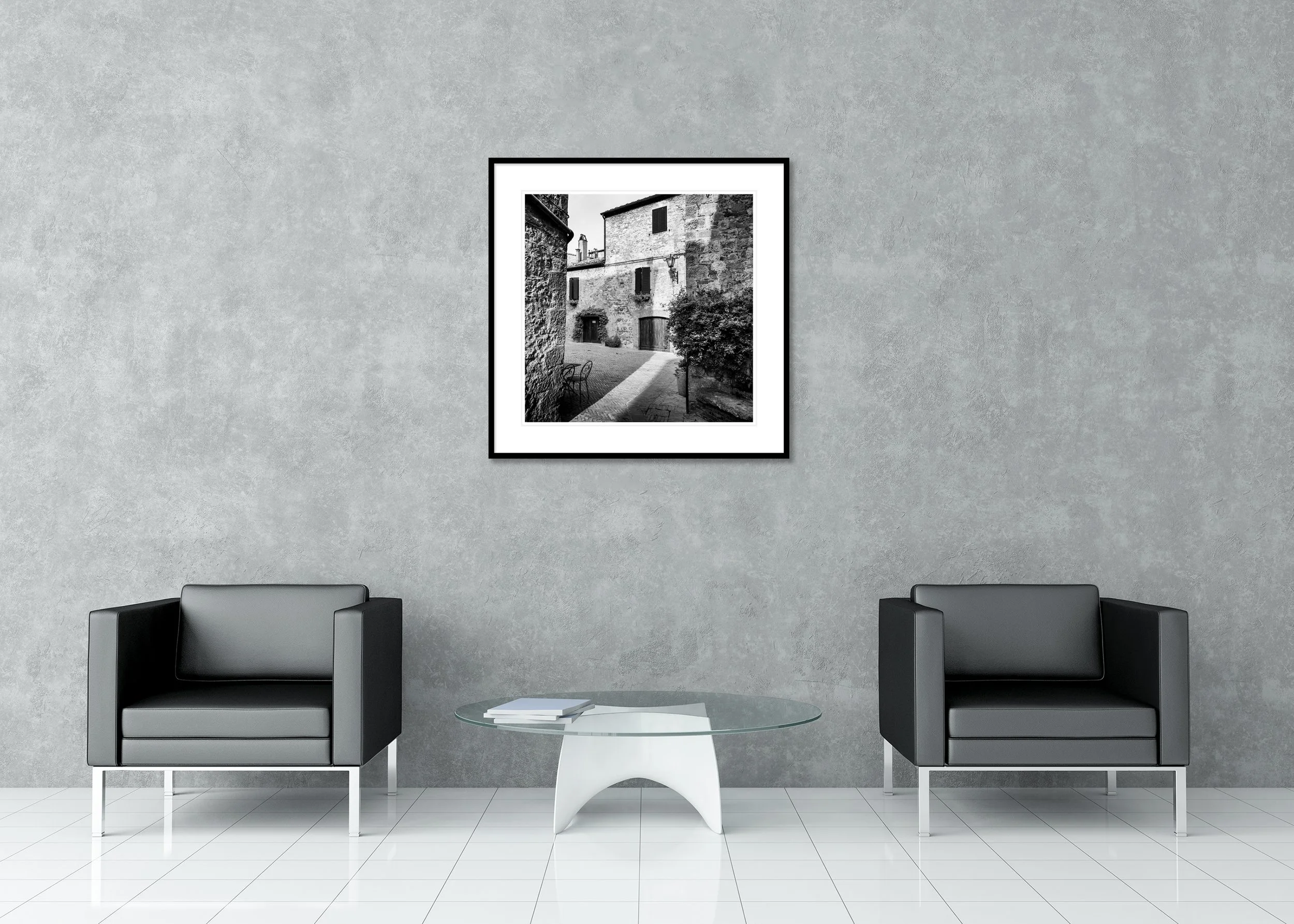 Tuscan Courtyard, Study 1 – black-and-white archival pigment print in an aluminium frame with a white mount.