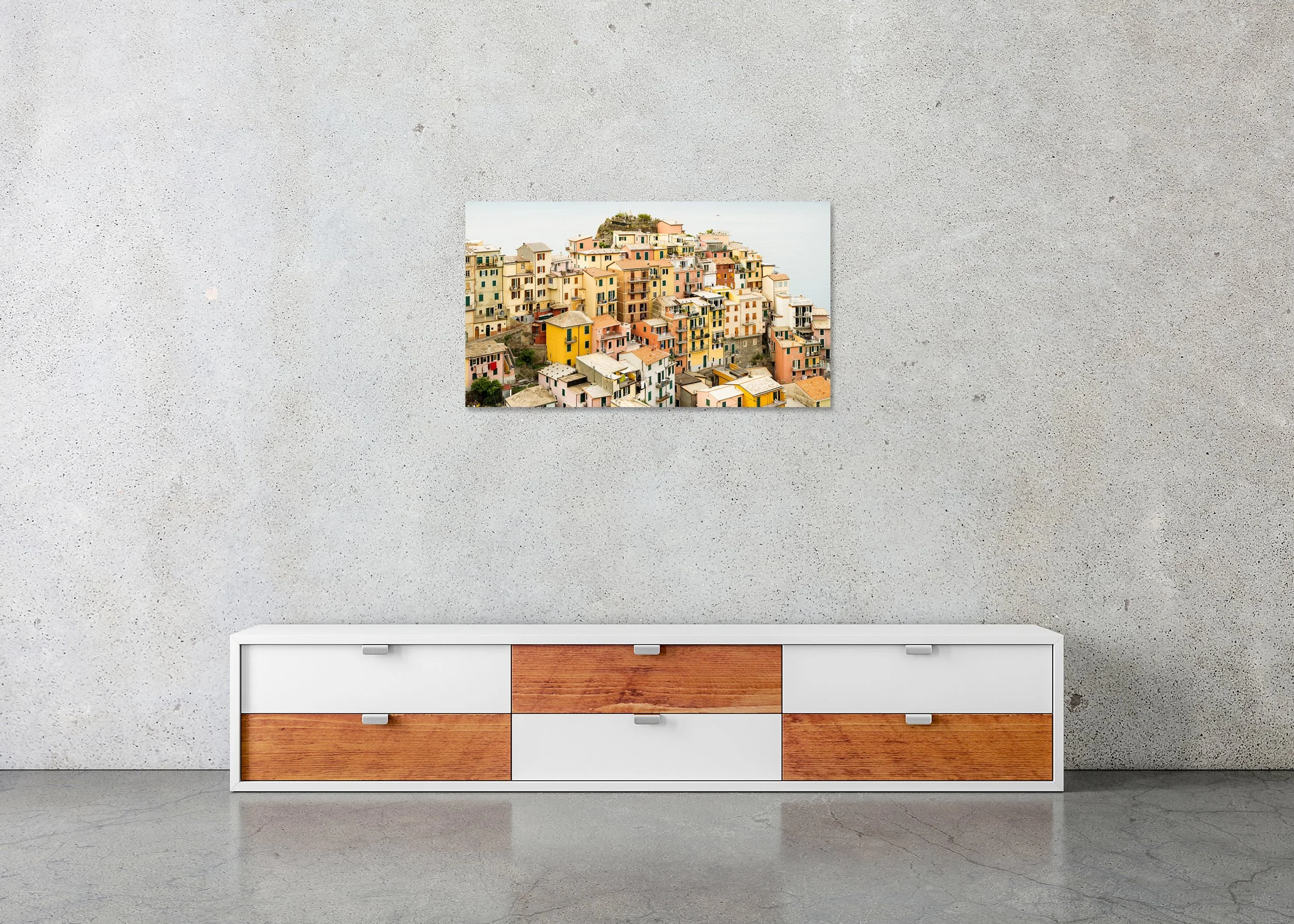 Traditional Mediterranean architecture in Cinque Terre, Italy, photo print mounted on Dibond, frameless