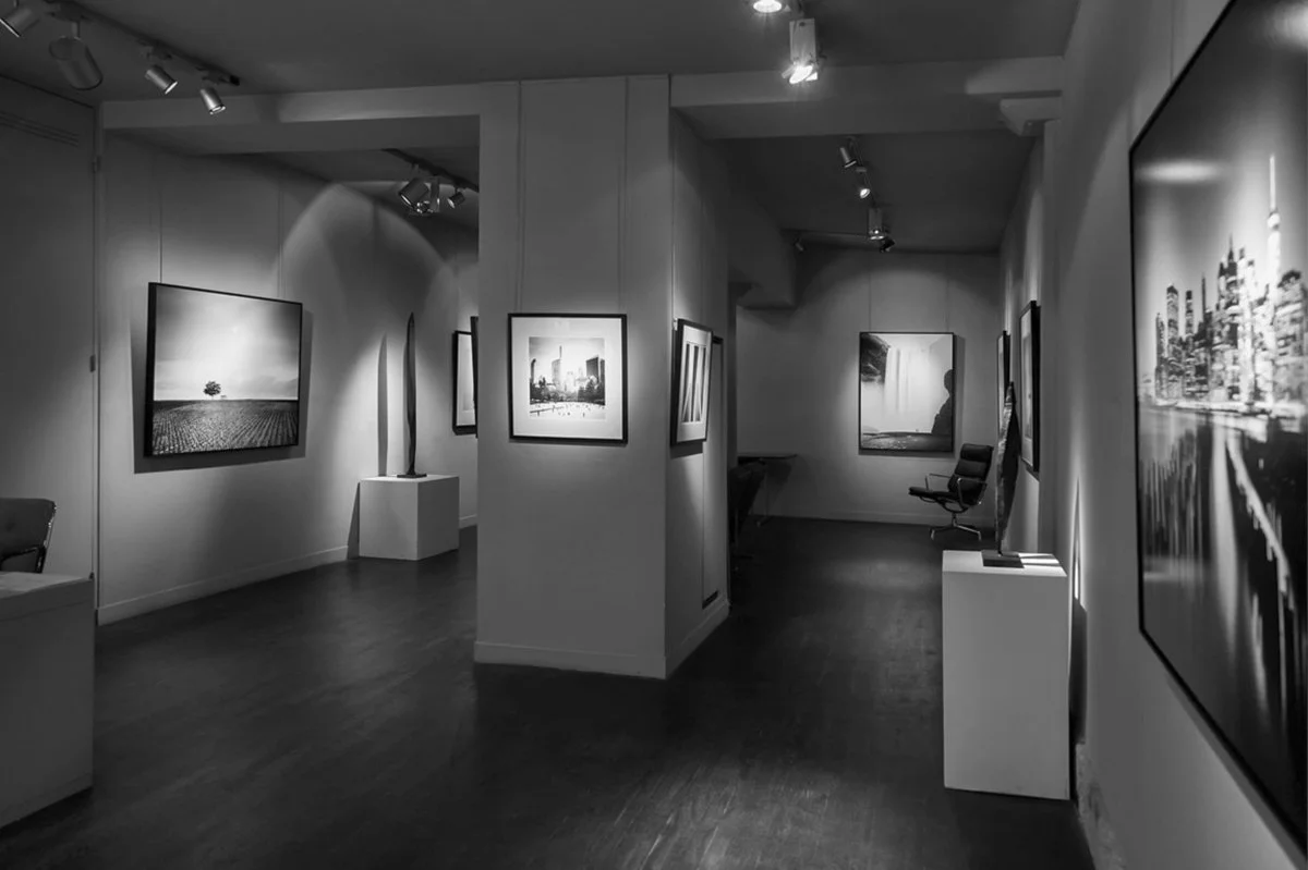 Interior view of Galerie Arnoux in Paris showing framed black-and-white fine art photographs by Gerald Berghammer alongside sculptural works, 2017.