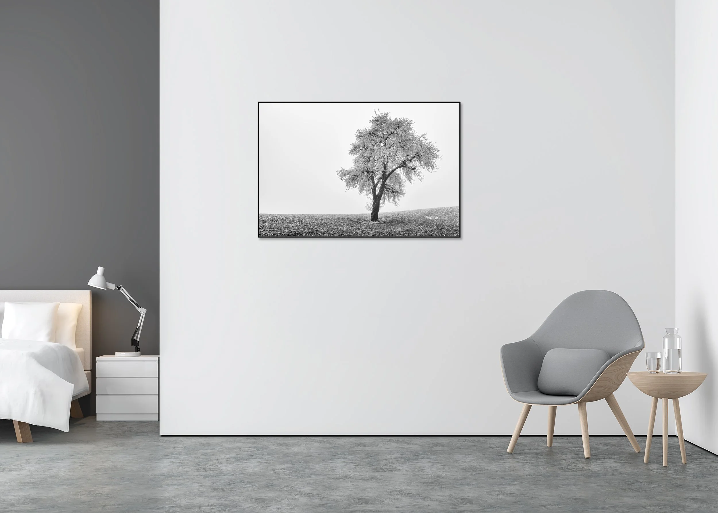 Tree in Frozen Field Study 1 displayed in a modern interior, mounted on aluminium Dibond in a black ArtBox frame by Gerald Berghammer.