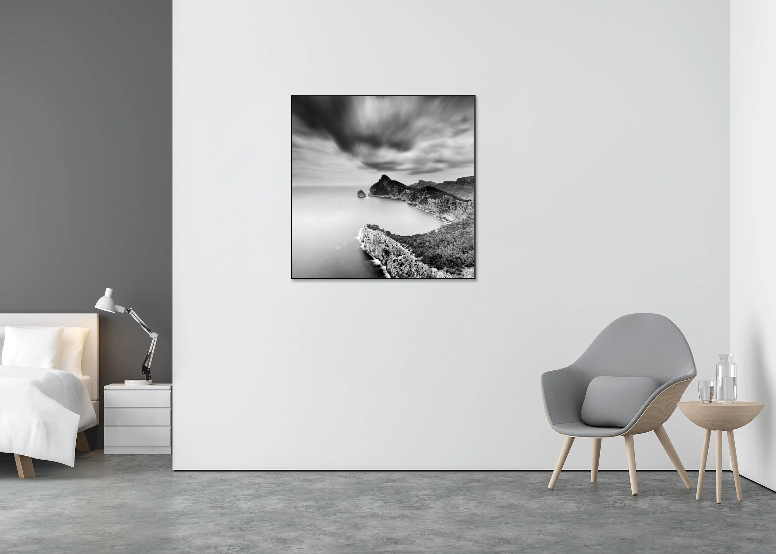 Black-and-white long-exposure coastal photo print: rugged sea cliffs, calm ocean, blurred dramatic clouds; mounted to Dibond in an aluminium ArtBox.