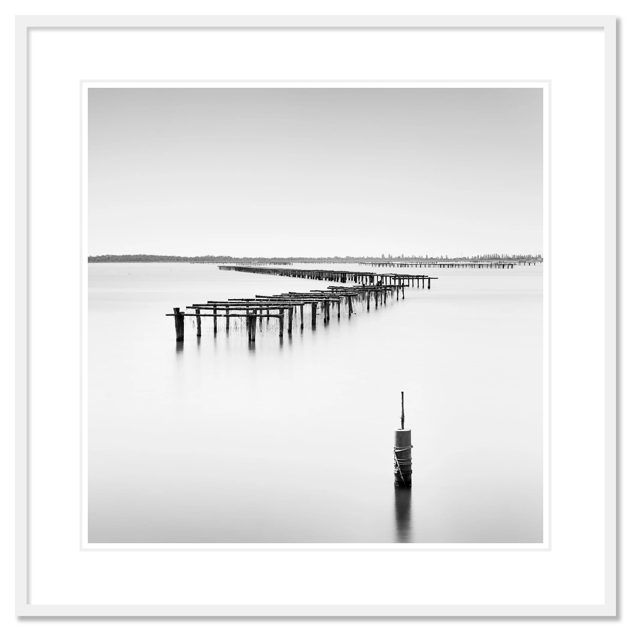 Aquaculture Structures Study 4 as an archival pigment print in a white aluminium frame with a white mount by Gerald Berghammer.