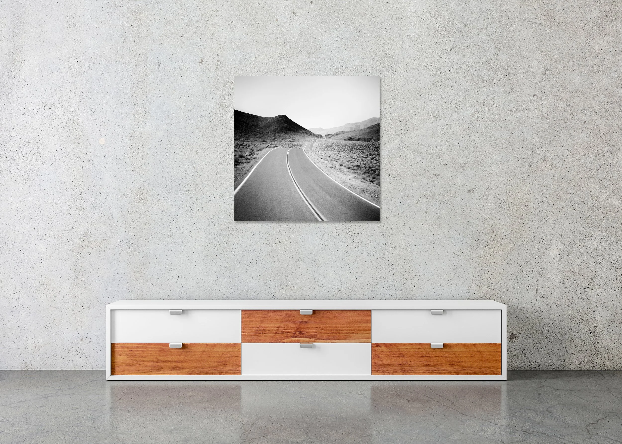Way to Nowhere, Study 1 – frameless black-and-white photograph on aluminium Dibond displayed in a minimalist interior. Photo by Gerald Berghammer.