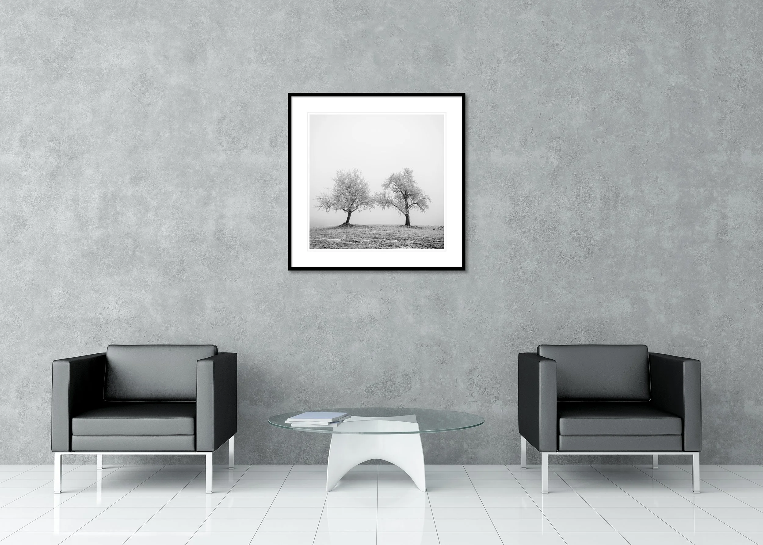 Archival pigment print in a classic frame with passe-partout: minimalist black-and-white winter landscape of two frost-covered trees.