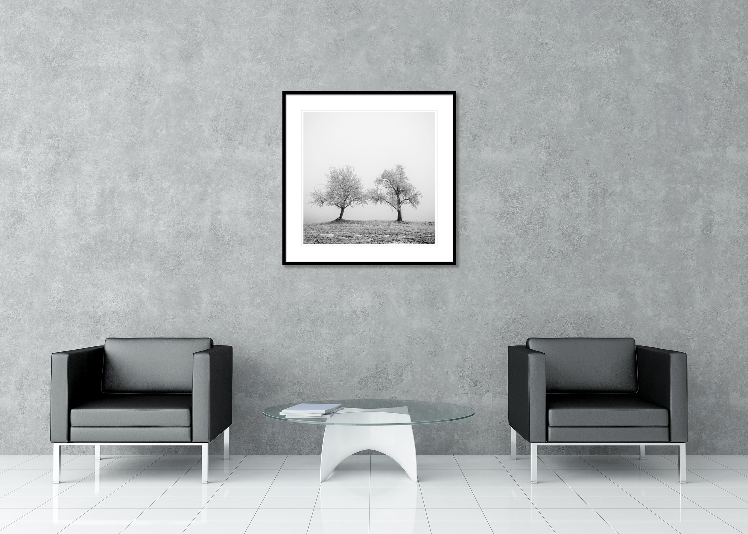 Black and white photograph of two frost-covered trees on a gentle hill in a minimalist winter landscape, classic framed fine art print with passepartout by Gerald Berghammer.