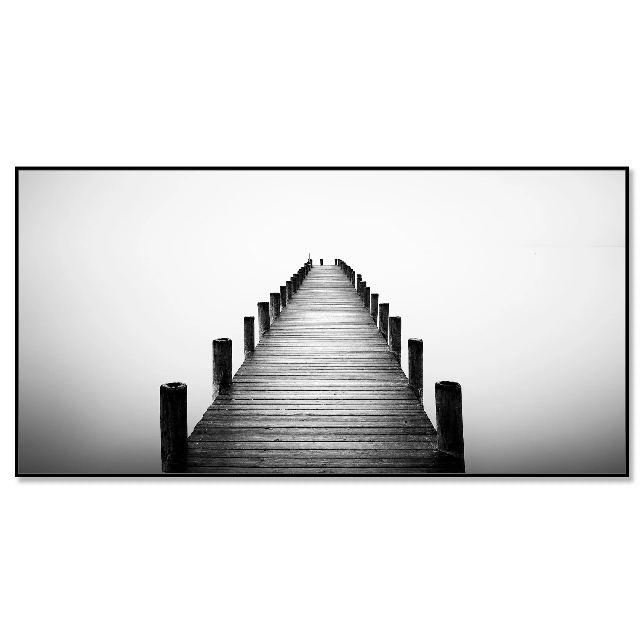 Black and white wooden pier disappearing into dense fog – framed ArtBox black