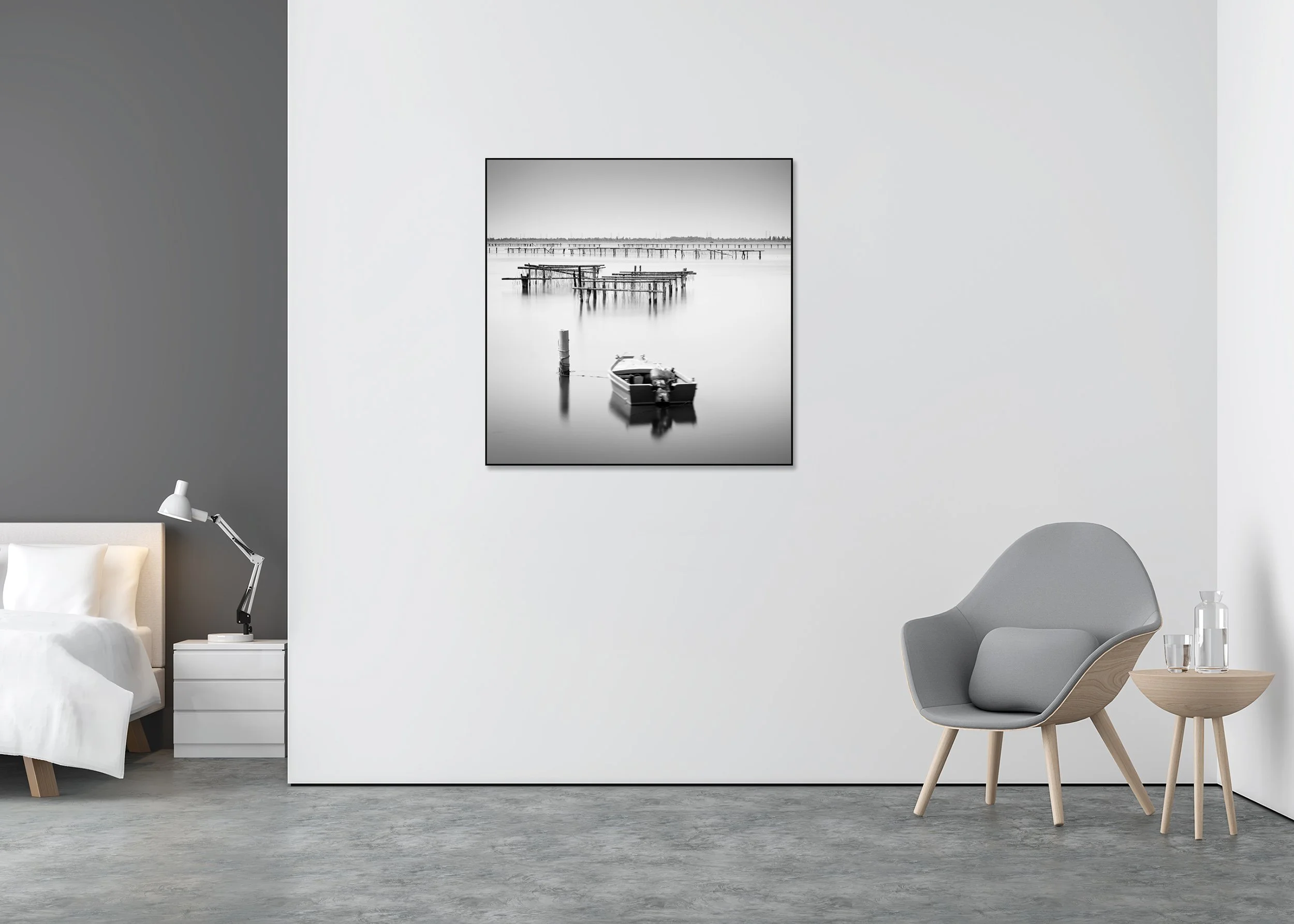 Small boat moored on calm water, Italy — B&W seascape on ChromaLuxe metal print in an aluminium ArtBox frame.