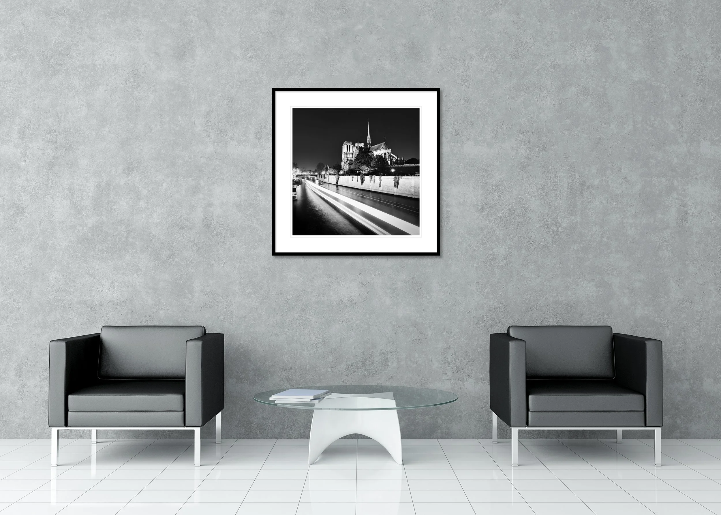 Notre-Dame Night Study 1 displayed in a modern interior as an archival pigment print in an aluminium frame with white mount by Gerald Berghammer.