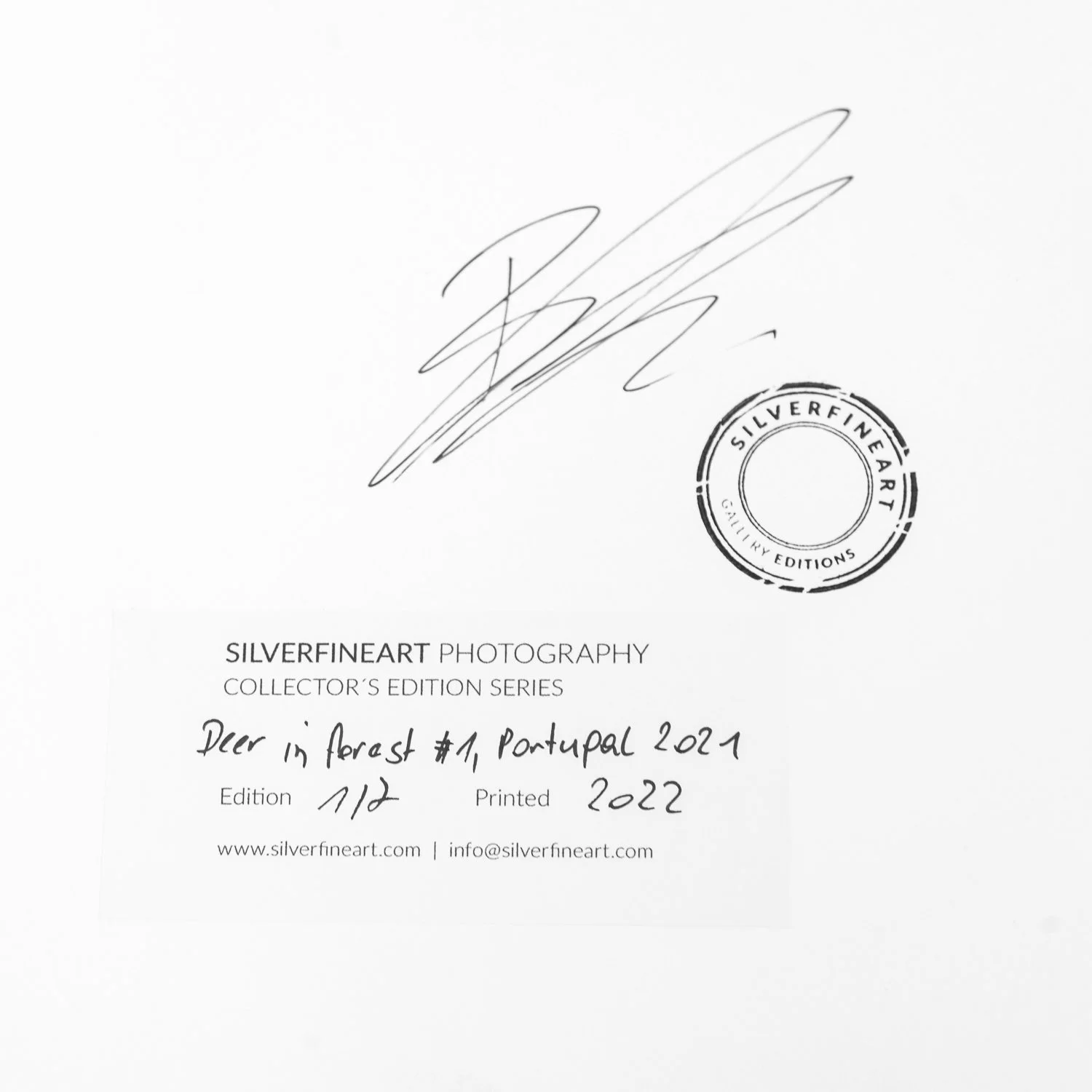 Close-up of Gerald Berghammer's signature, SILVERFINEART stamp and handwritten edition details for the 2022 print.