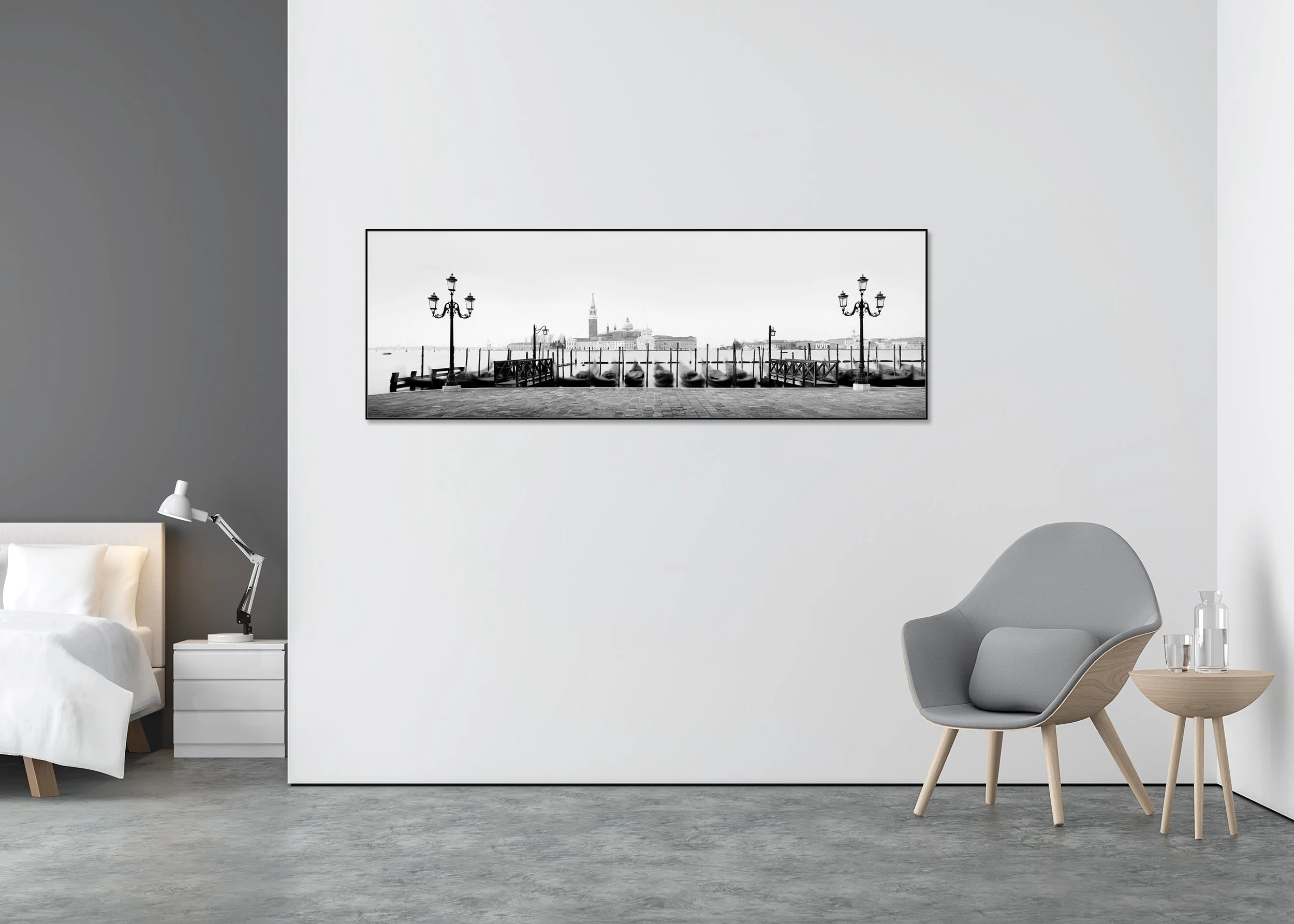 Panoramic Black and White View of Venice with Moored Gondolas, Ornate Lampposts and San Giorgio Maggiore Across the Lagoon, Photo Print Mounted to Dibond in an ArtBox.