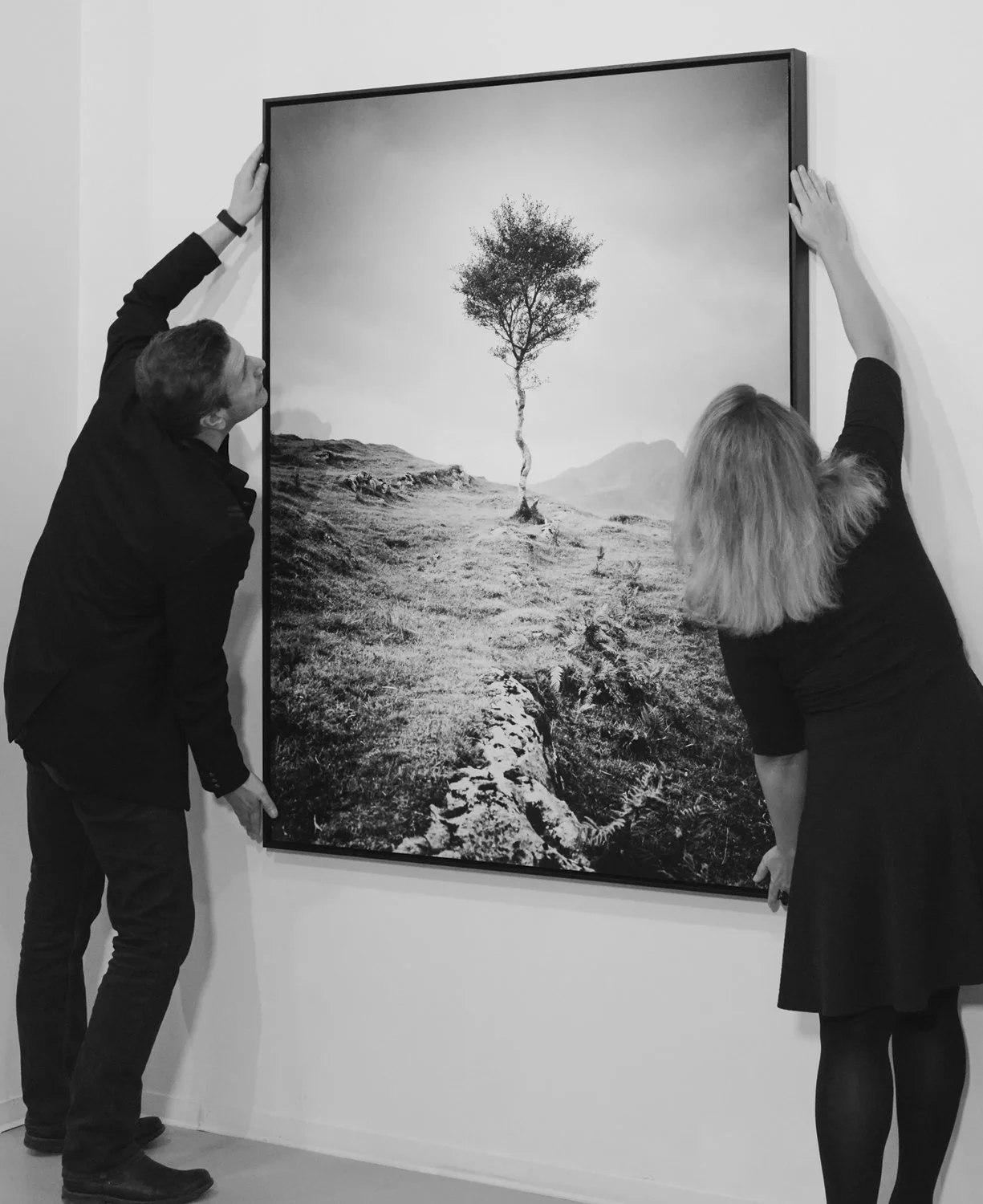 Gerald Berghammer and Ina Forstinger installing a large framed black-and-white photograph of a solitary tree by Gerald Berghammer for ESSENTIAL LIGHT 2018 at Galerie STP in Greifswald.