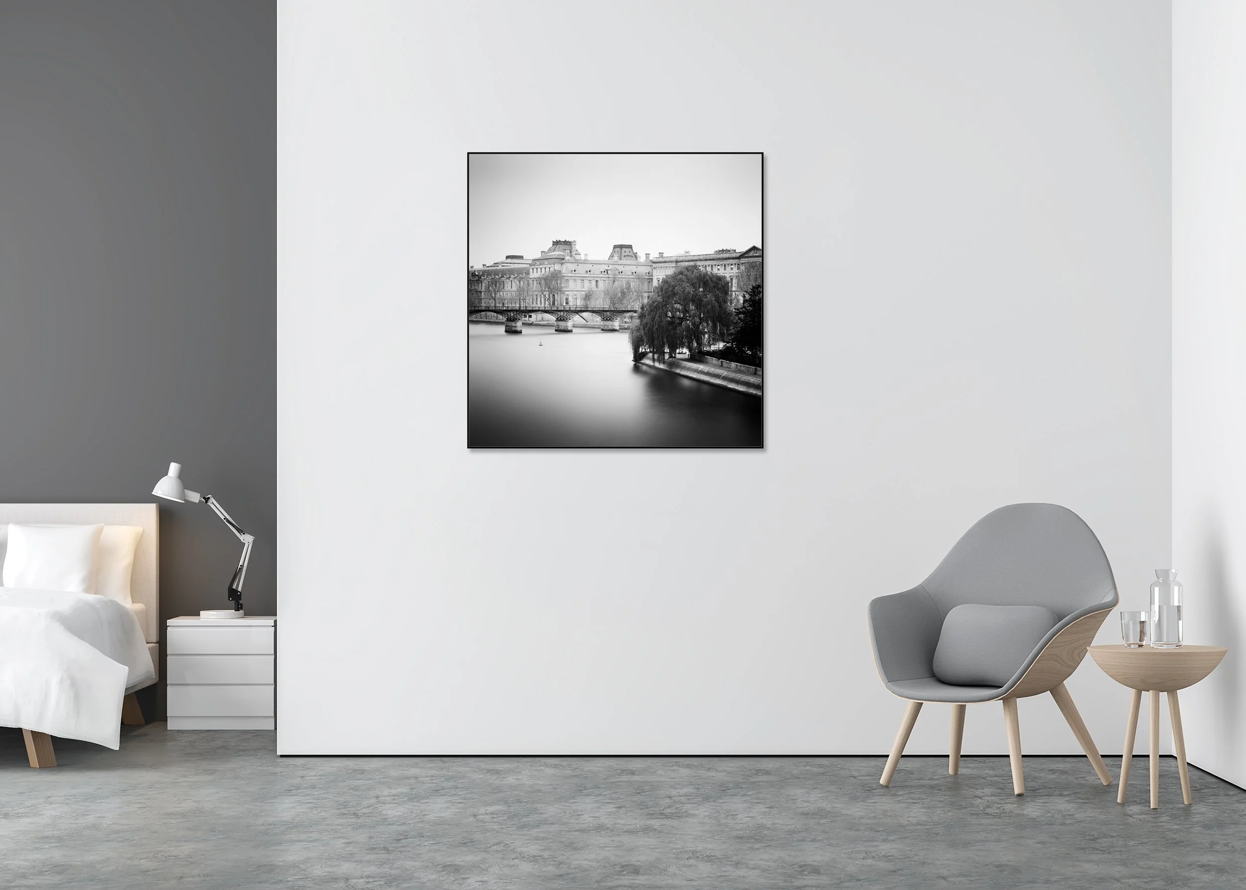 Pont Neuf, Study 1 – black-and-white photo print on Dibond in an aluminium ArtBox displayed in a minimalist bedroom.
