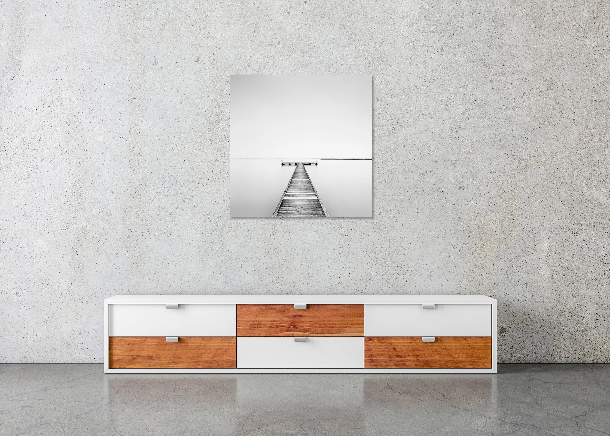 Pier Study 1 displayed in a modern interior as a frameless black-and-white artwork mounted on aluminium Dibond by Gerald Berghammer.