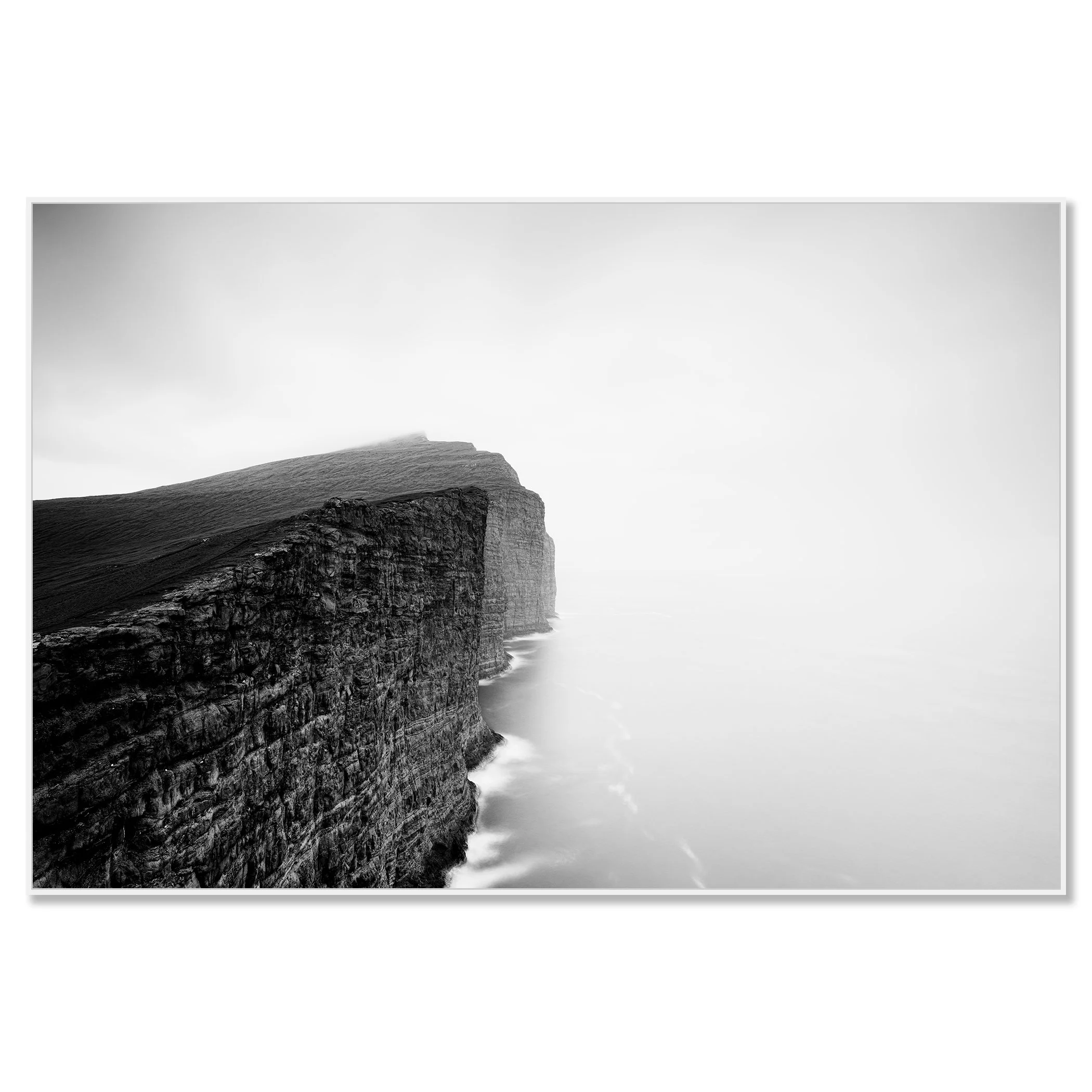 Foggy Slave Cliff Study 2, Faroe Islands, black-and-white photo print on Dibond in white aluminium ArtBox