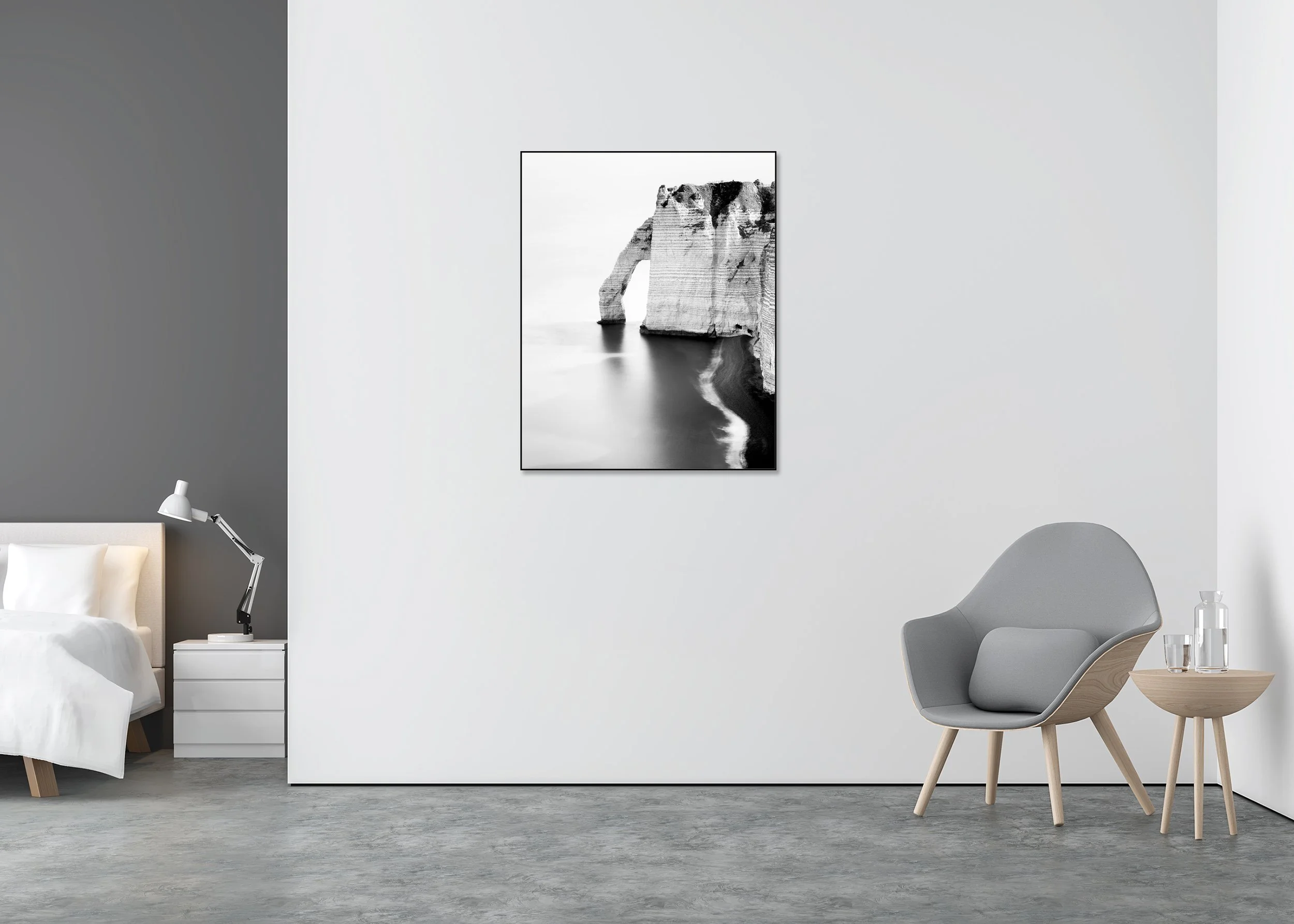 The Sea Arch at Étretat, France, black-and-white Dibond print in an aluminium ArtBox displayed on a wall.