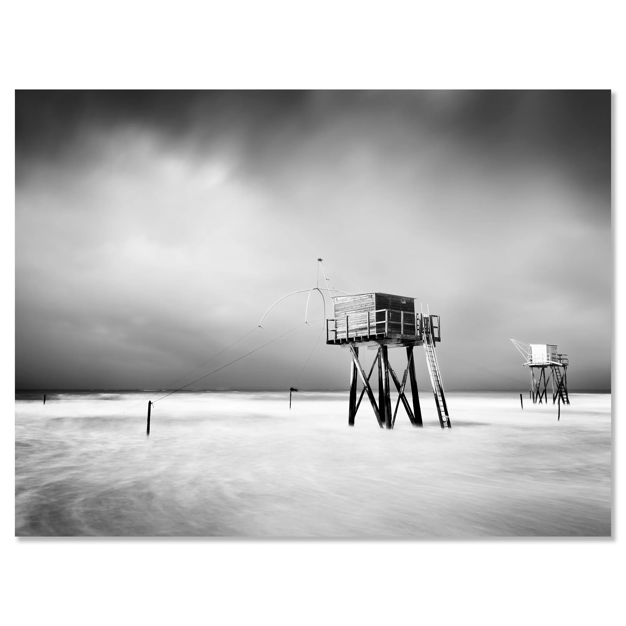 Fishing Hut on Stilts Study 4 shown as a frameless black-and-white aluminium Dibond print by Gerald Berghammer.