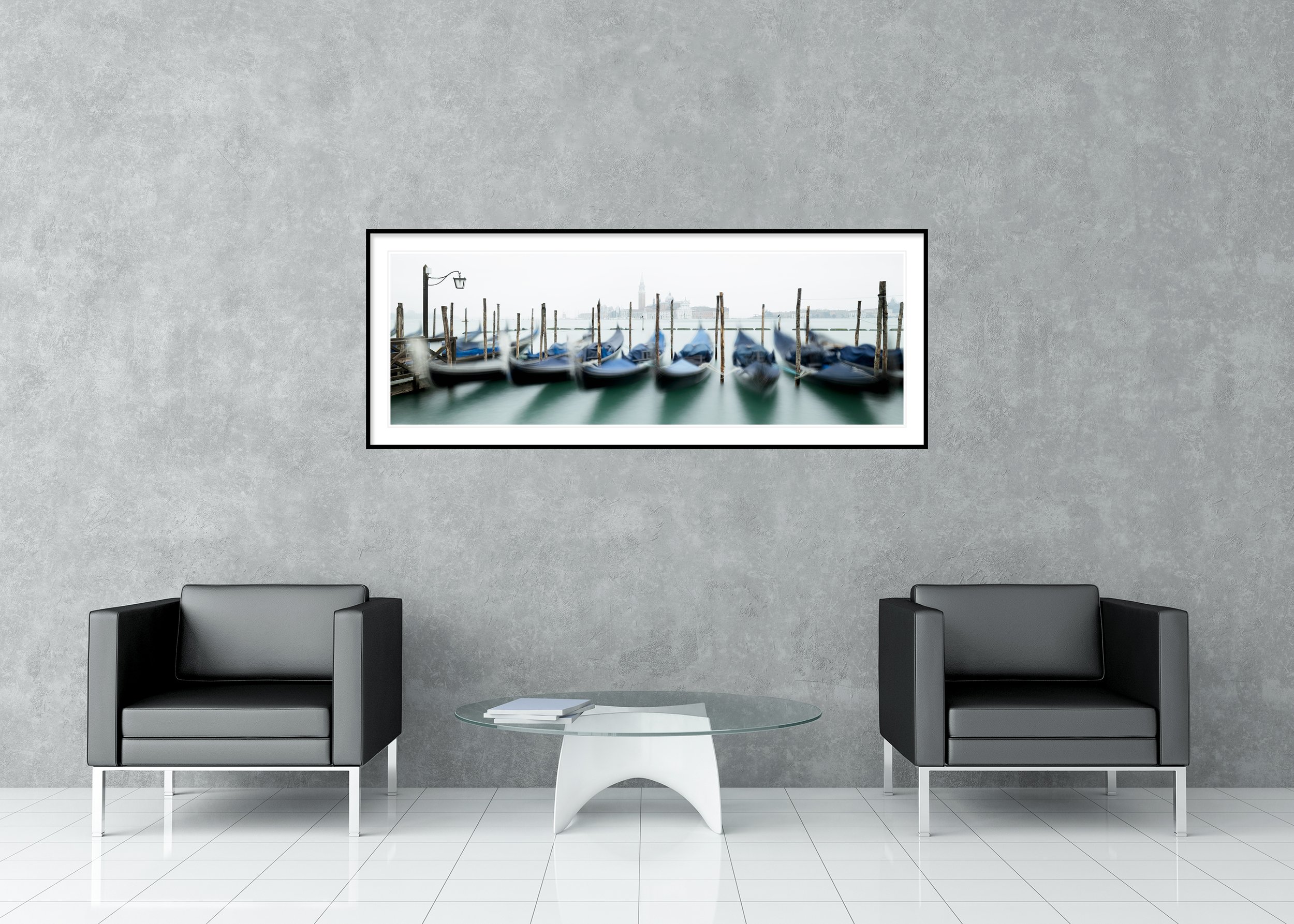 Gondola with San Giorgio Maggiore Study 1 displayed in a modern interior as an archival pigment print in an aluminium frame with a white mount. Photo by Gerald Berghammer.