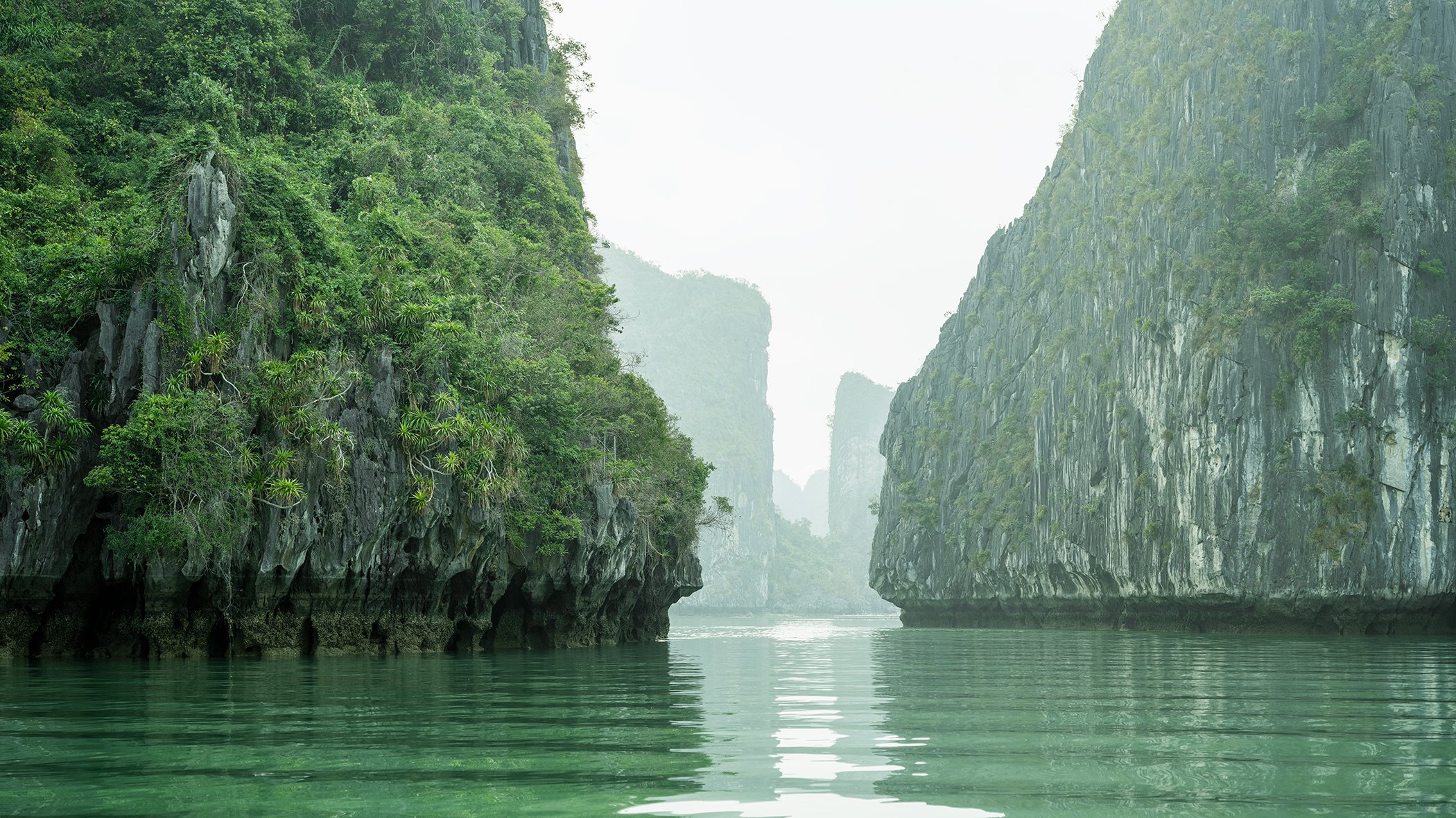Panoramic colour photograph of limestone karsts and calm emerald water in Ha Long Bay, Vietnam. Photo by Gerald Berghammer.