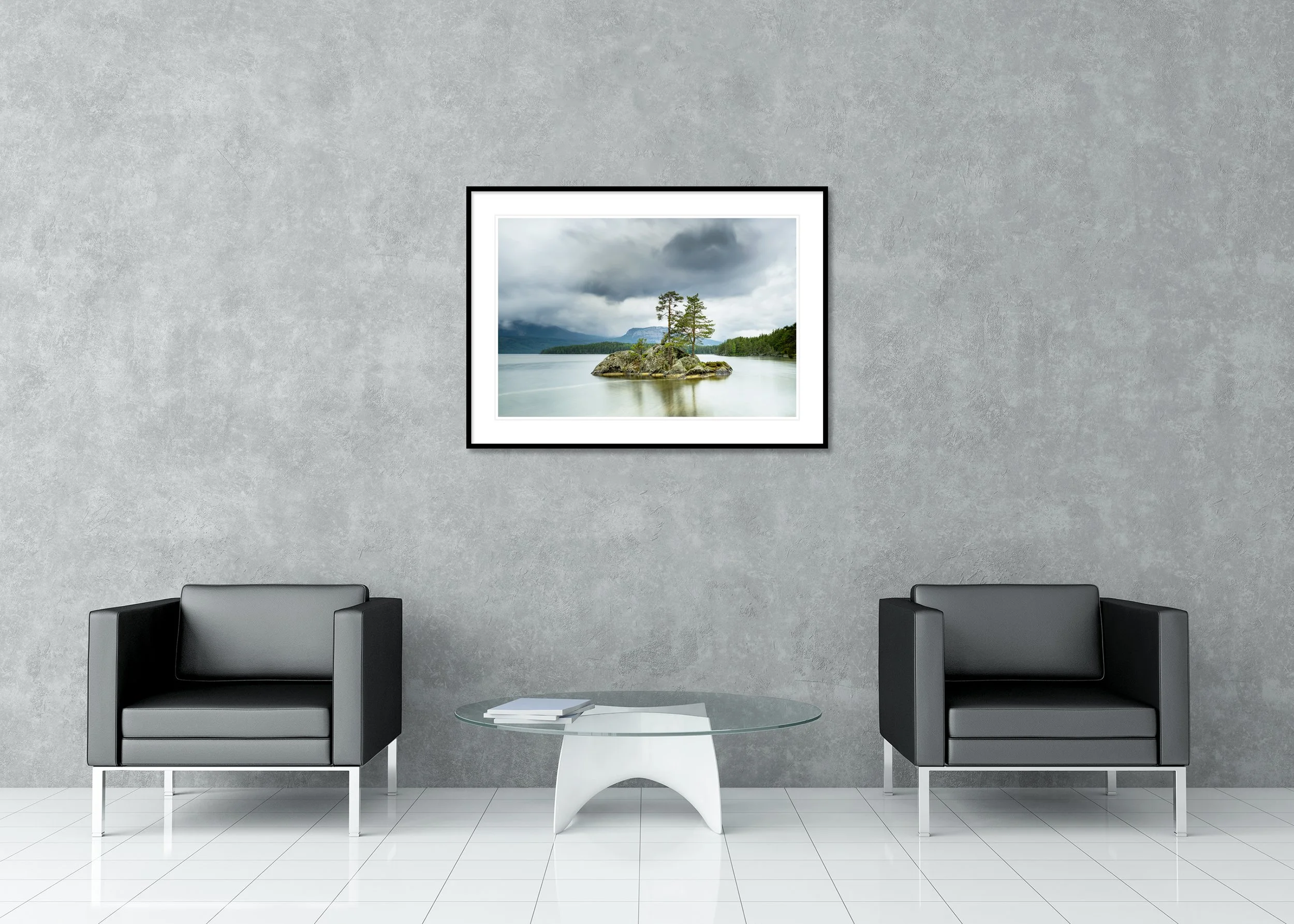 Small Rocky Island with Trees, Norway, displayed in a modern interior as an archival pigment print in an aluminium frame with white mount by Gerald Berghammer.