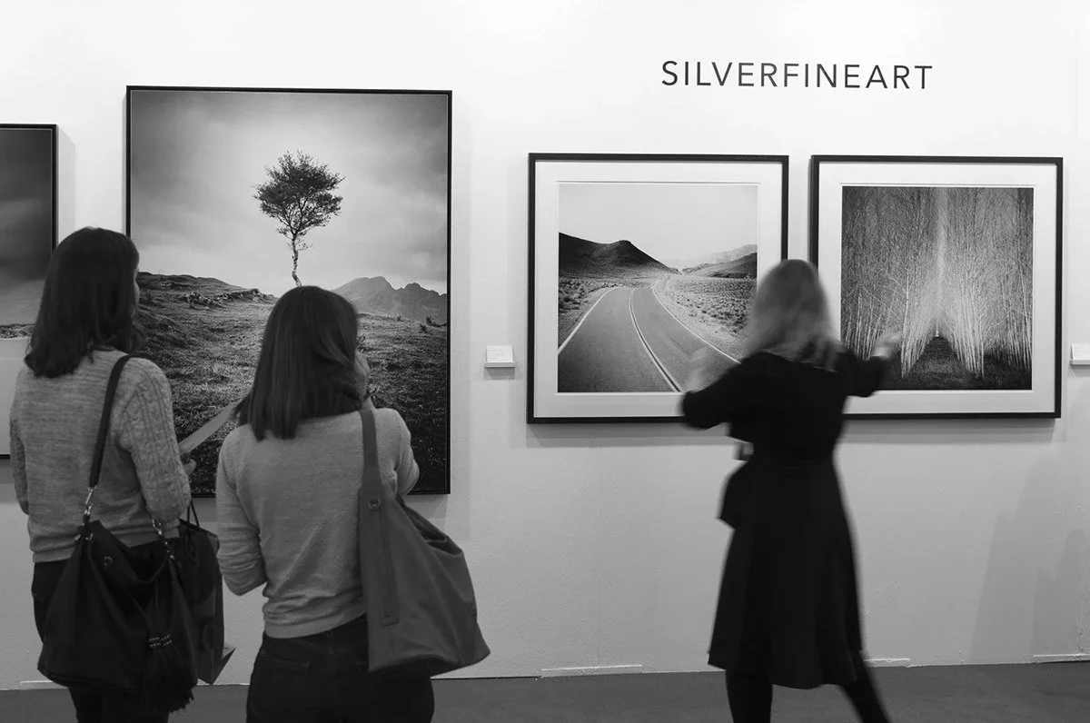Three visitors viewing minimalist tree, road and forest photographs by Gerald Berghammer at art KARLSRUHE 2018.
