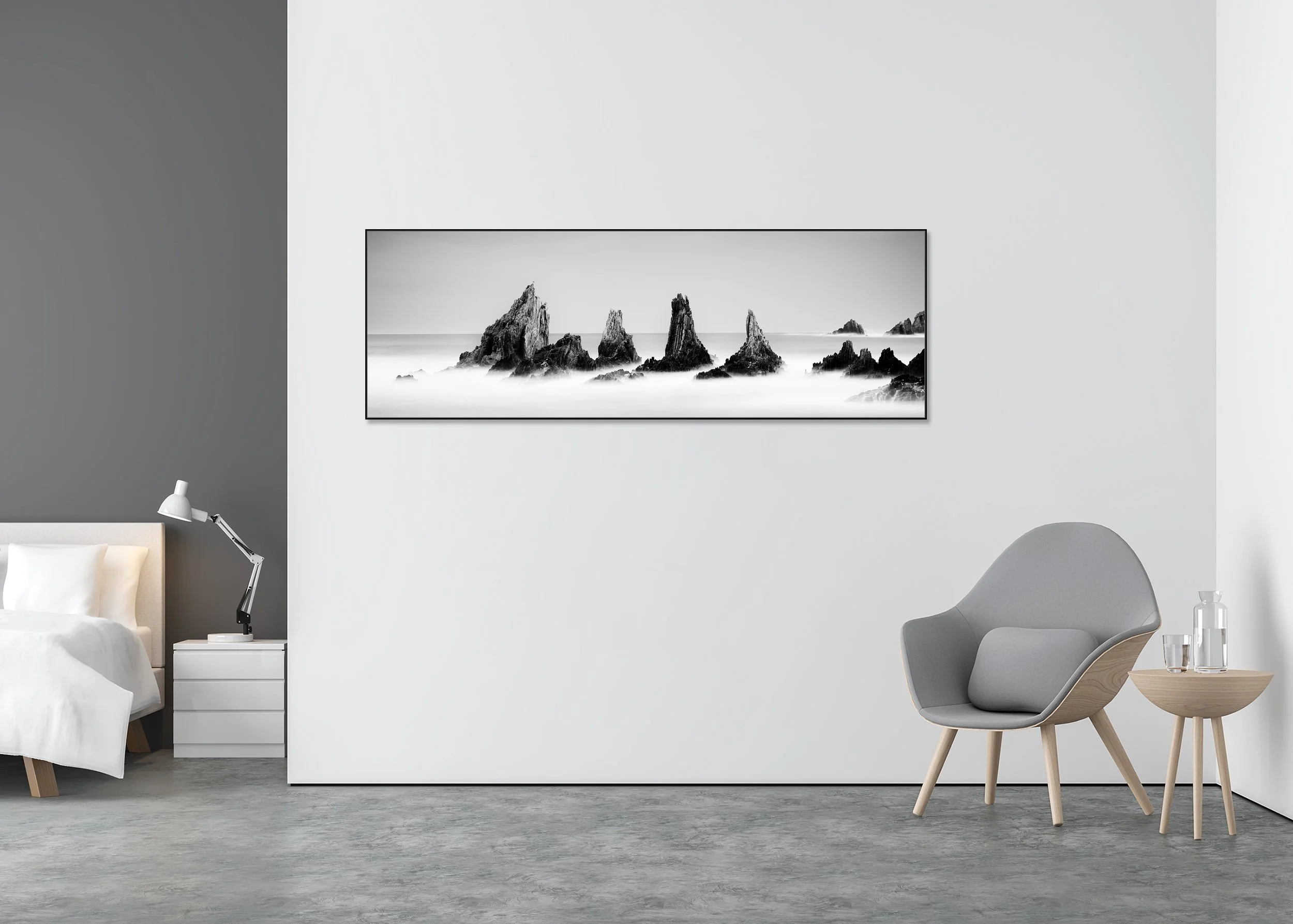 Rocky Peaks, Panorama Study 3 – black-and-white Dibond print in a black aluminium ArtBox displayed in a minimalist bedroom.
