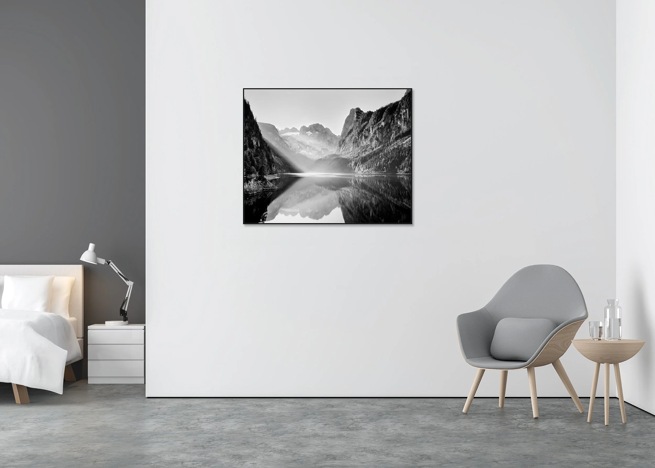 Illumination – Lake Gosau, black-and-white photograph on Dibond in an aluminium ArtBox displayed in a minimalist interior. Photo by Gerald Berghammer.