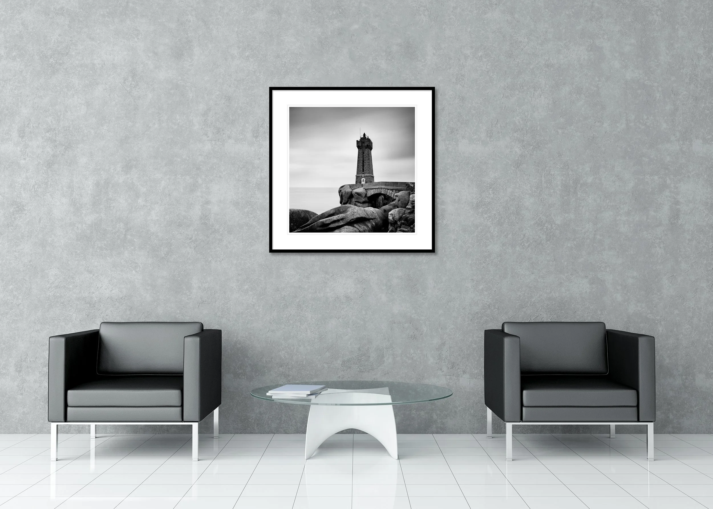 Ploumanac’h Lighthouse – Brittany, archival pigment print in an aluminium frame with a white mount displayed in a modern interior.
