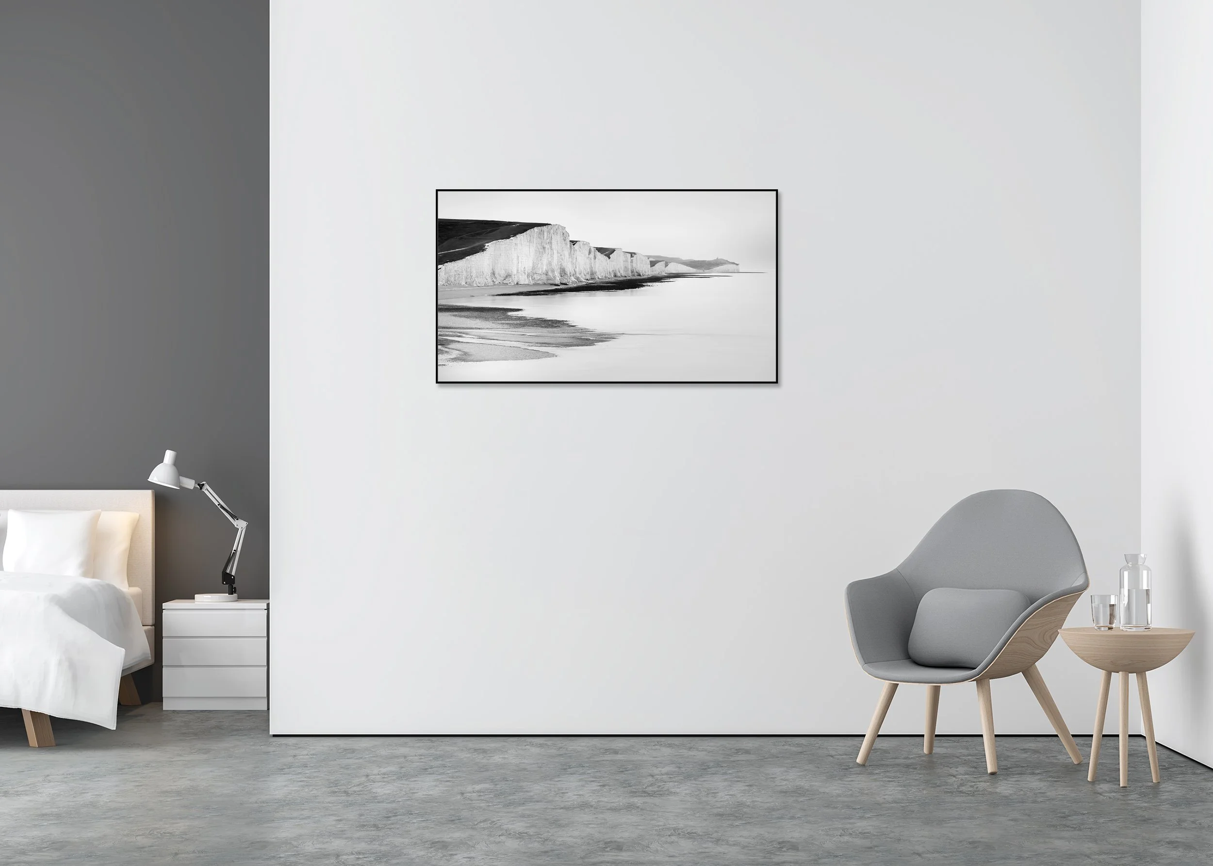 Dramatic white cliffs along the English Channel in Sussex, England, black and white photo print mounted to Dibond in an aluminium ArtBox