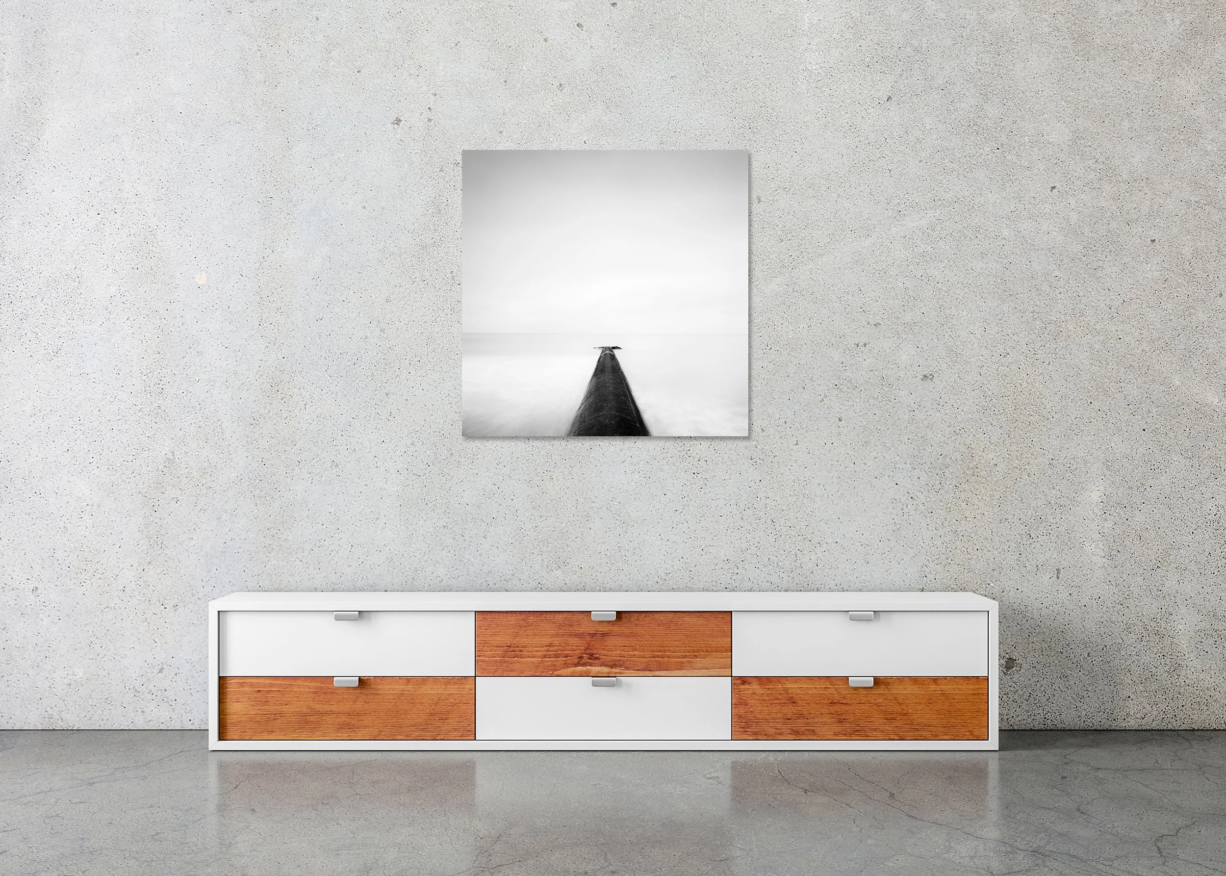 Straight On Study 1 by Gerald Berghammer, a minimalist black-and-white long-exposure seascape from Normandy, displayed as a frameless Dibond print