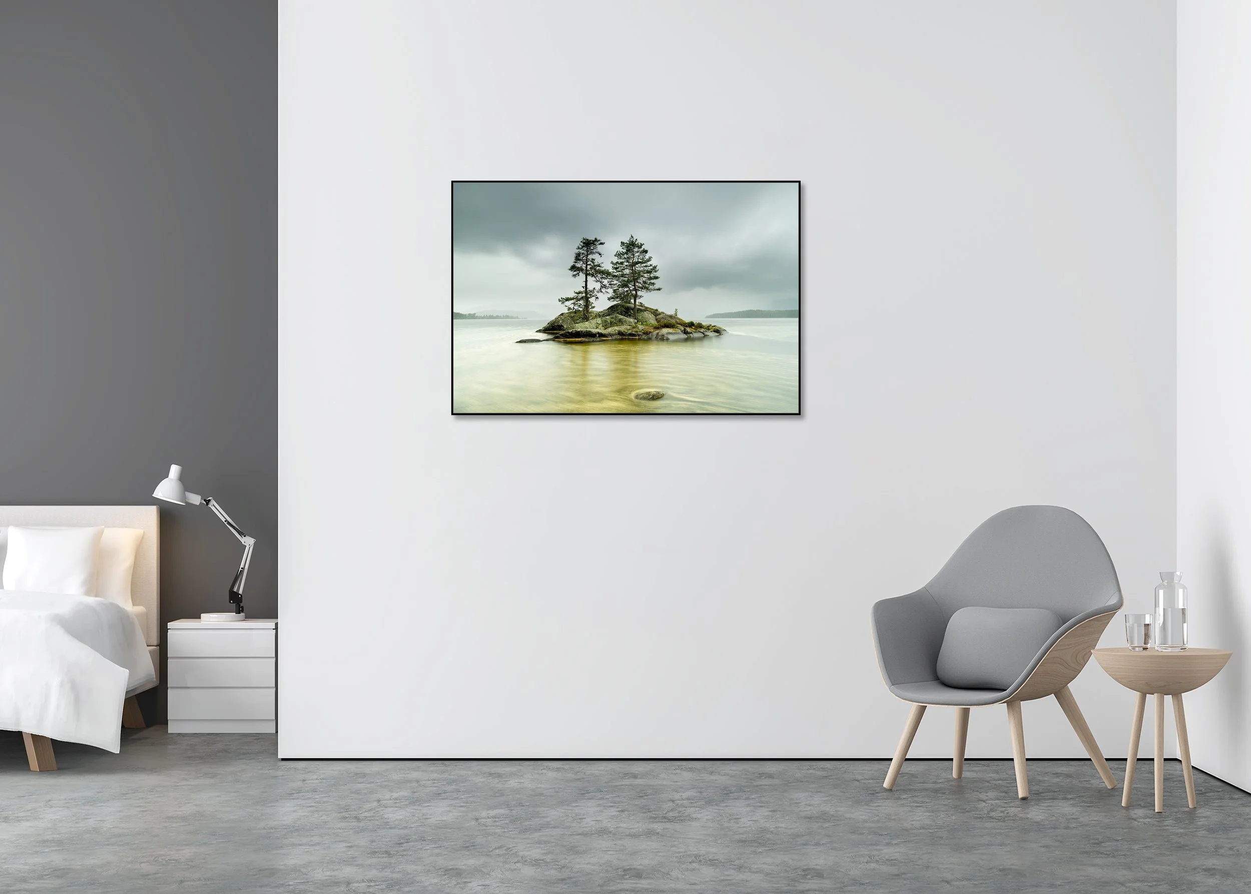 Small rocky island with two pine trees in calm lake water, long-exposure landscape under an overcast sky, printed on ChromaLuxe metal, Aluminium ArtBox.