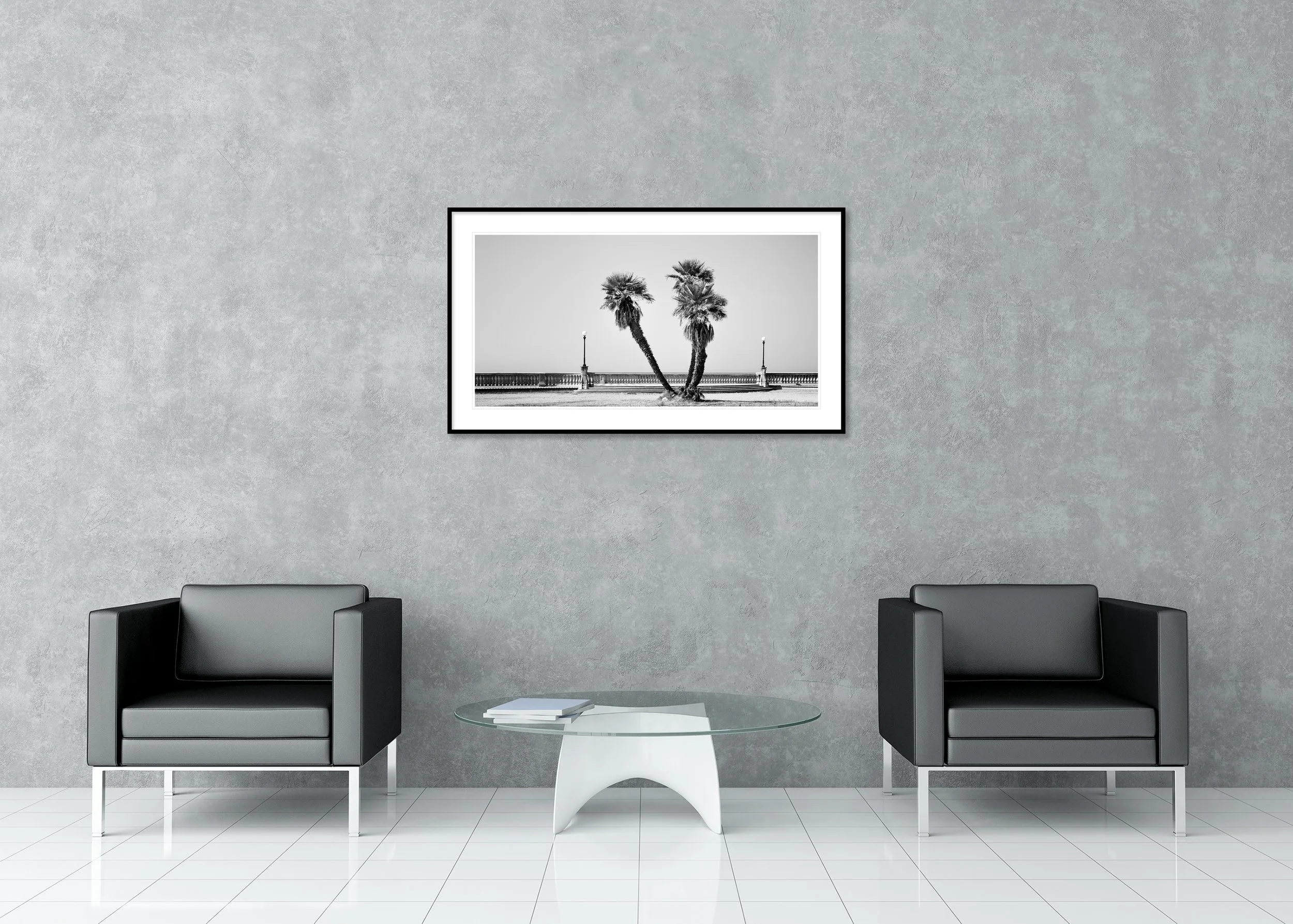 Monochrome panoramic landscape photo of two leaning palm trees on a coastal promenade in Tuscany, with balustrade and ornate lamp posts, archival pigment print in a classic frame with mount.