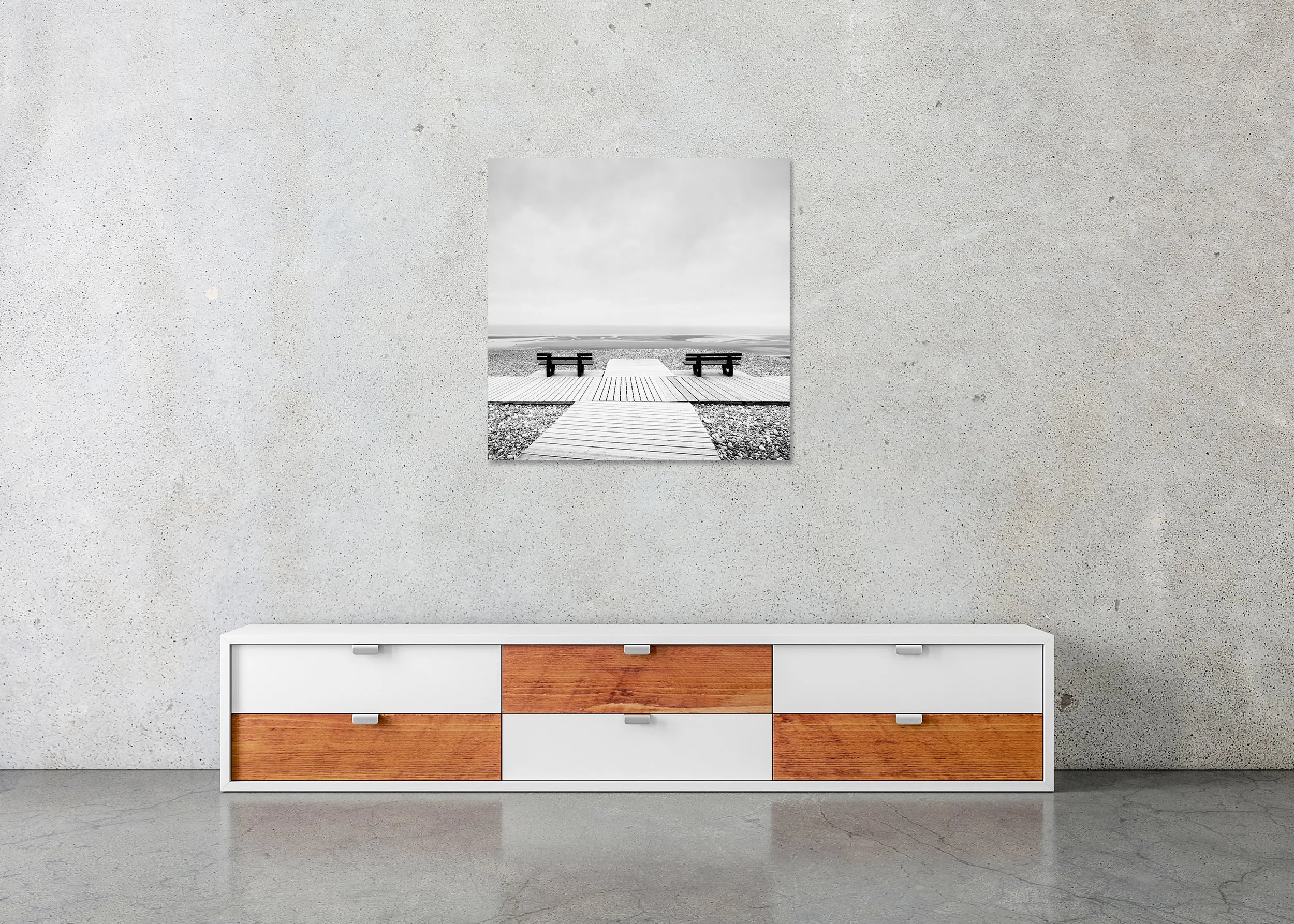 Minimalist coastal photograph of benches on an empty beach in France, tranquil seascape with simple lines and spacious sky, photo print mounted to Dibond, frameless.